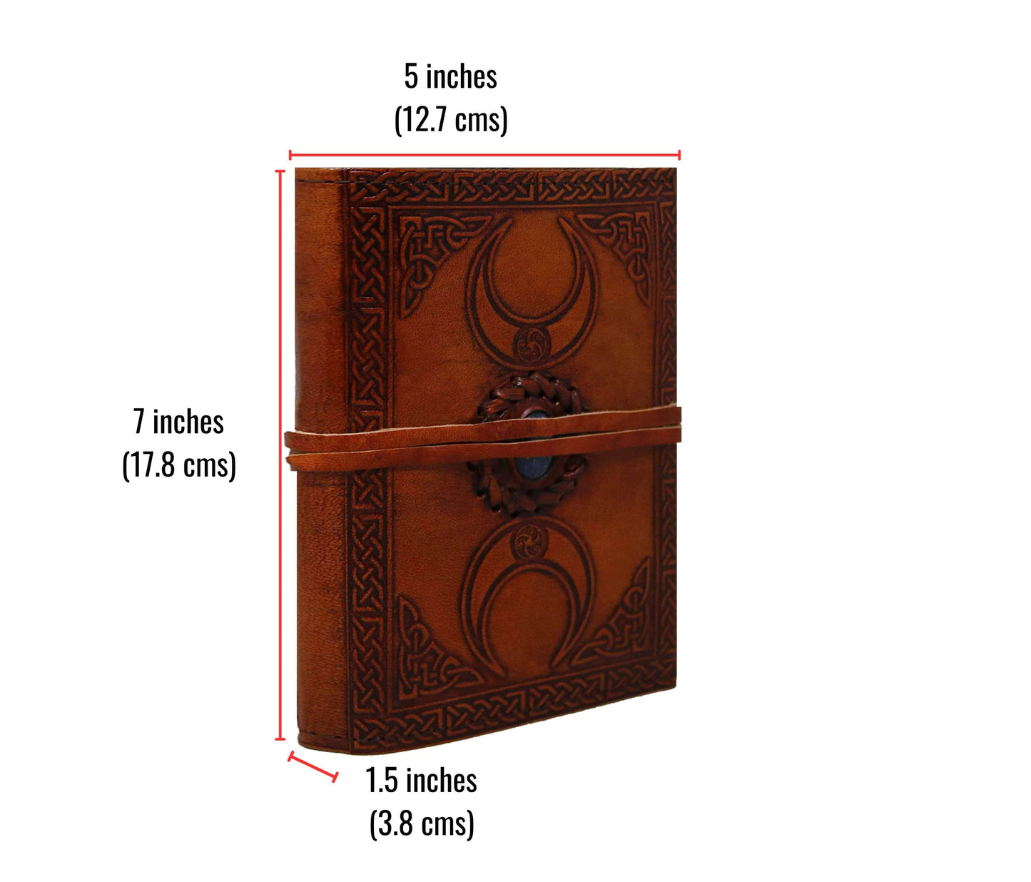 This 5 X 7-inch Handcrafted Leather Journal Is A Beautiful Personalized And Customized Gift For Men Women, Featuring The Sacred Triple Moon Symbol Vibrant Blue Gemstone Centerpiece. Embossed With Intricate Celtic Patterns, Rich Brown Cover Thick 1.5-inch Spine Provide Durability Style. Perfect Dream Tracking, Spellwork, Or Personal Journaling, It’s Meaningful Birthday Graduation Fits Seamlessly In Bag On An Altar.