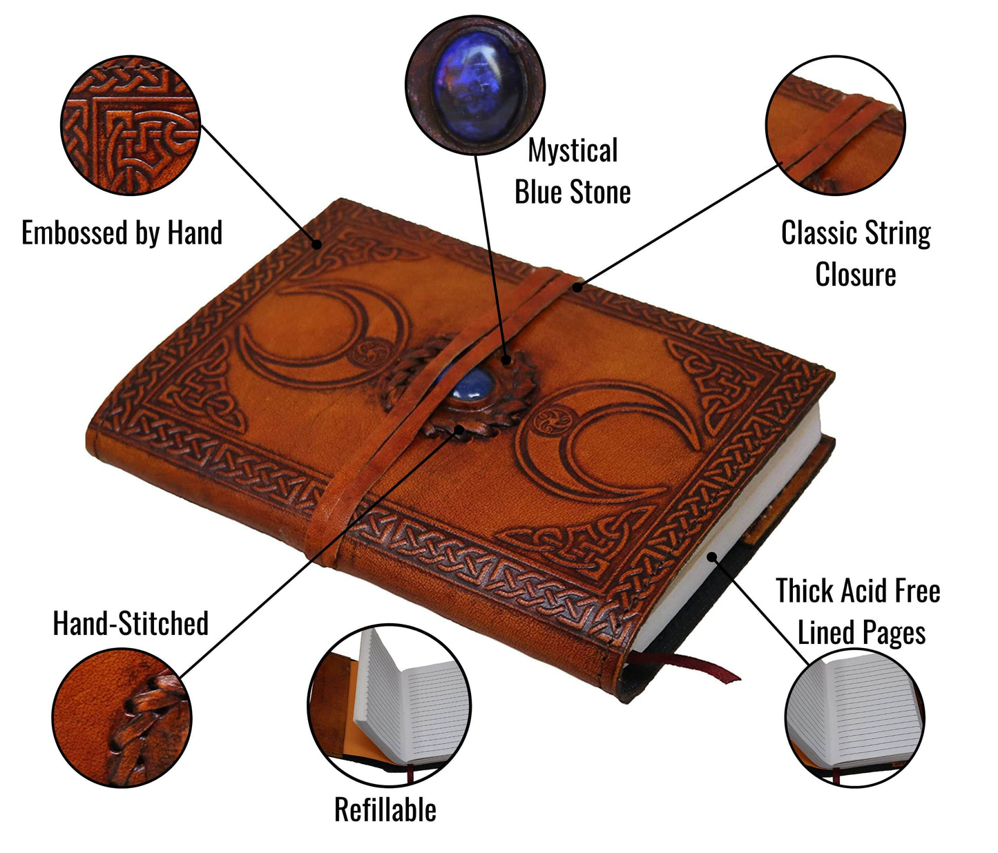 This 5x7-inch Handcrafted Leather Journal Is A Personalized And Customized Gift For Men And Women, Featuring The Sacred Triple Moon Symbol And A Striking Blue Gemstone Centerpiece. Embossed With Celtic Patterns On Rich Brown Leather, It Blends Mystical Charm With Durability. Perfect For Spellwork, Dream Tracking, Or Personal Reflection, This Journal Makes A Thoughtful Birthday Gift, Graduation Gift, Or Spiritual Companion For Writers, Wiccans, Or Anyone Embracing Divine Feminine Energy.