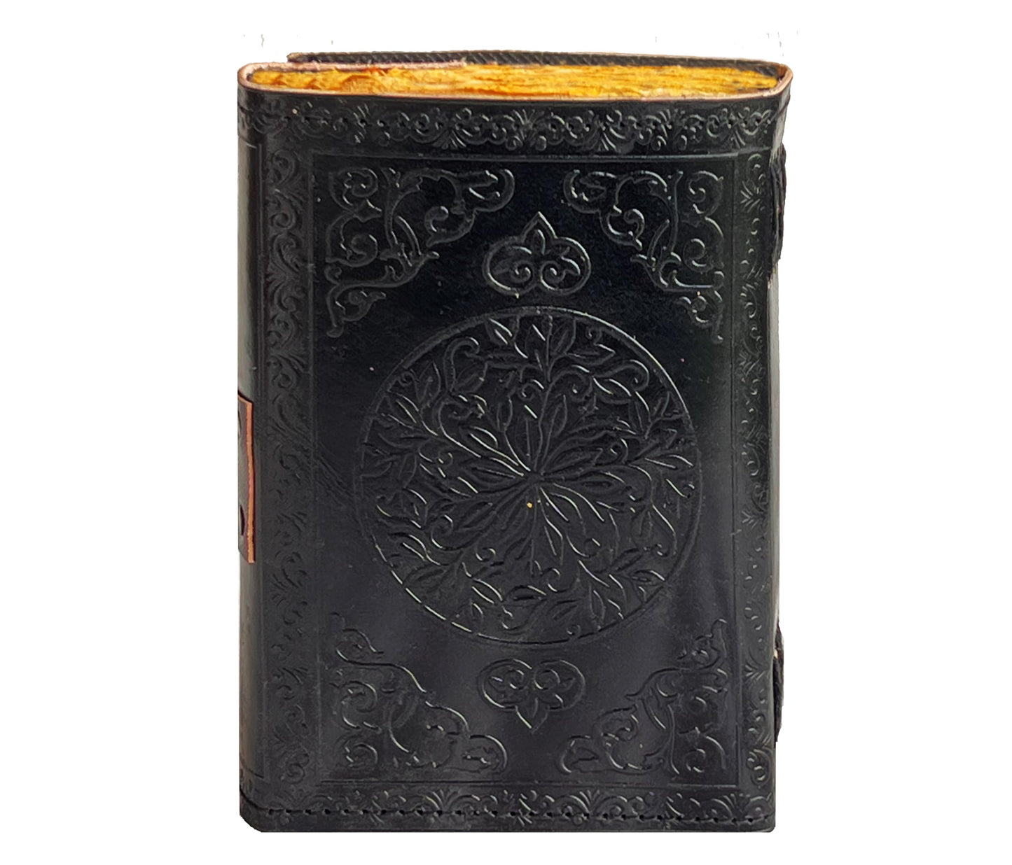 This Annotated Image Showcases The Exquisite Features Of A Handcrafted Leather Journal, Ideal For Vintage Lovers And Mystical Souls. Beautifully Embossed By Hand, It Striking Blue Stone Centerpiece, Antiquated Clasp Closure, Deckle Edge Paper An Authentic Feel. Designed With Hand-stitched Detailing, Coptic Binding, Durable Black Lining Longevity. Perfect Use As Grimoire, Wiccan Spellbook, Tarot Or Antique Diary, Unique Notebook Captures Old-world Charm Touch Magical Allure. Must-have Those Seeking
