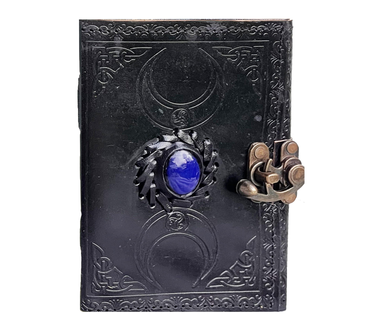 Mystical And Bold, This Handcrafted Black Leather Journal Features Moon-phase Embossing A Striking Blue Stone Centerpiece. Secure Antiqued Brass Clasp Protects The Unlined Pages—perfect For Spells, Dreams, Or Reflections. Compact Yet Substantial, It’s Ideal Travel Altars Sacred Spaces. Embossed With Celtic-inspired Detailing, Personalized Grimoire Makes Powerful Birthday Gift, Graduation Customized Wiccan Notebook Men Women Who Embrace Magic Mystery.