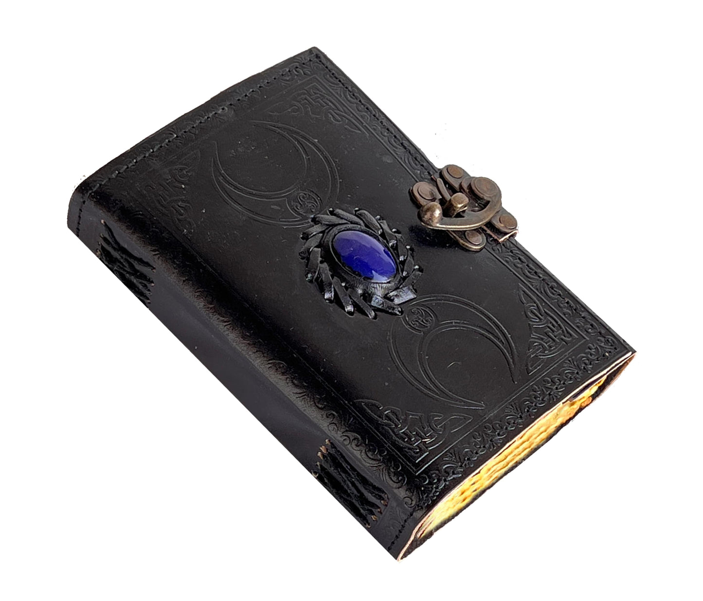The Triple Moon Symbol Representing Intuition And Transformation. A Polished Royal Blue Stone Sits In Claw-like Setting, Paired With Vintage Brass Clasp. Inside, Deckle-edge Handmade Pages Are Perfect For Ink, Charcoal, Or Spellwork. This Customized Grimoire Is Meaningful Birthday Gift, Graduation Personalized Journal Men Women Drawn To Magic Ritual.