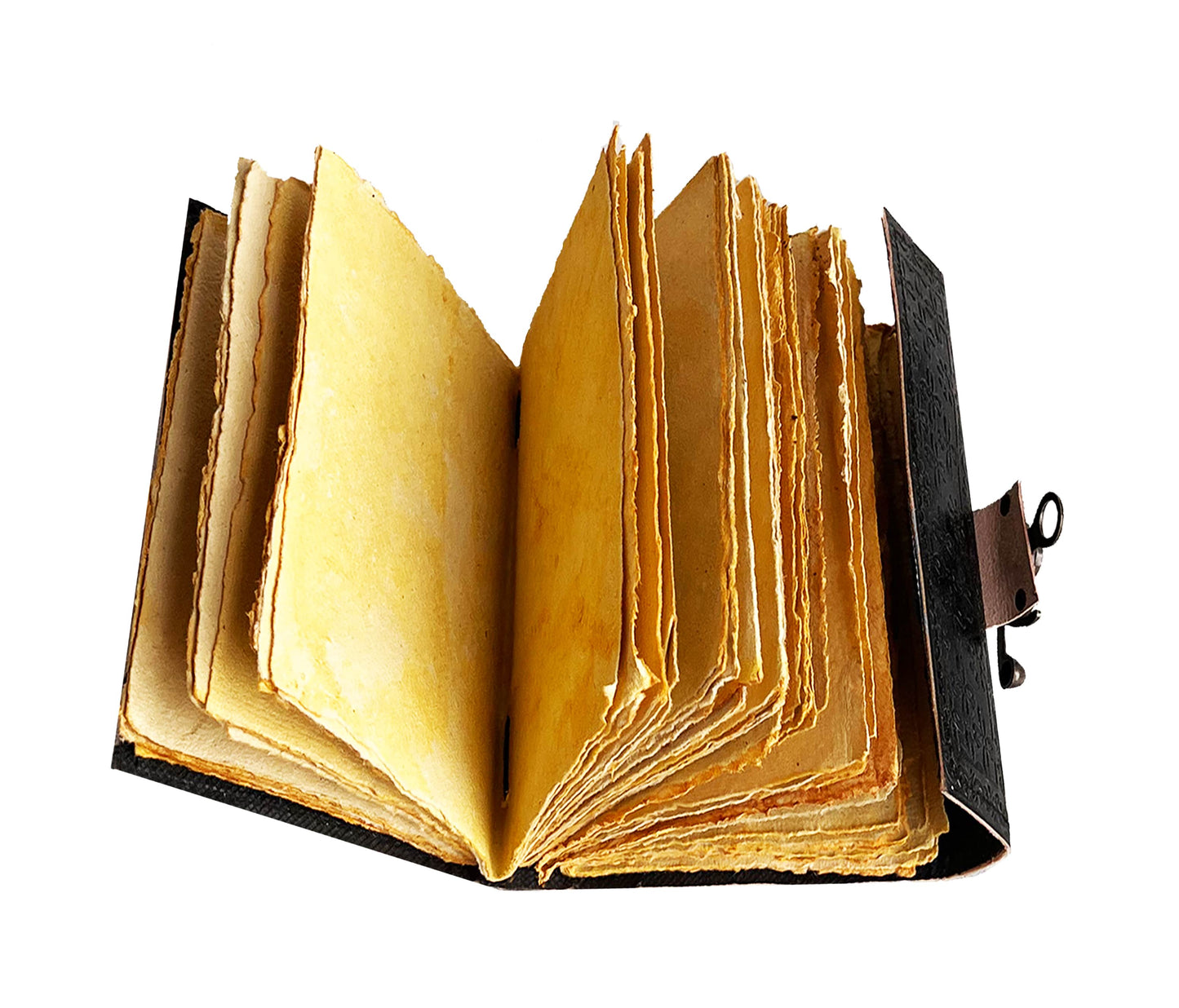 This Image Showcases A Handmade Leather Journal Opened To Reveal Vintage Deckle-edge Pages, Crafted From Recycled Cotton Paper With Natural Texture—ideal For Calligraphy, Sketching, Or Journaling. Its Lay-flat Design And Antique Black Cover Metal Clasp Enhance Medieval Charm. Perfect As Personalized Grimoire, Travel Diary, Spell Book, Customized, Eco-friendly Makes Thoughtful Birthday Graduation Gift Men Women Who Love Gothic, Boho, Steampunk Style.