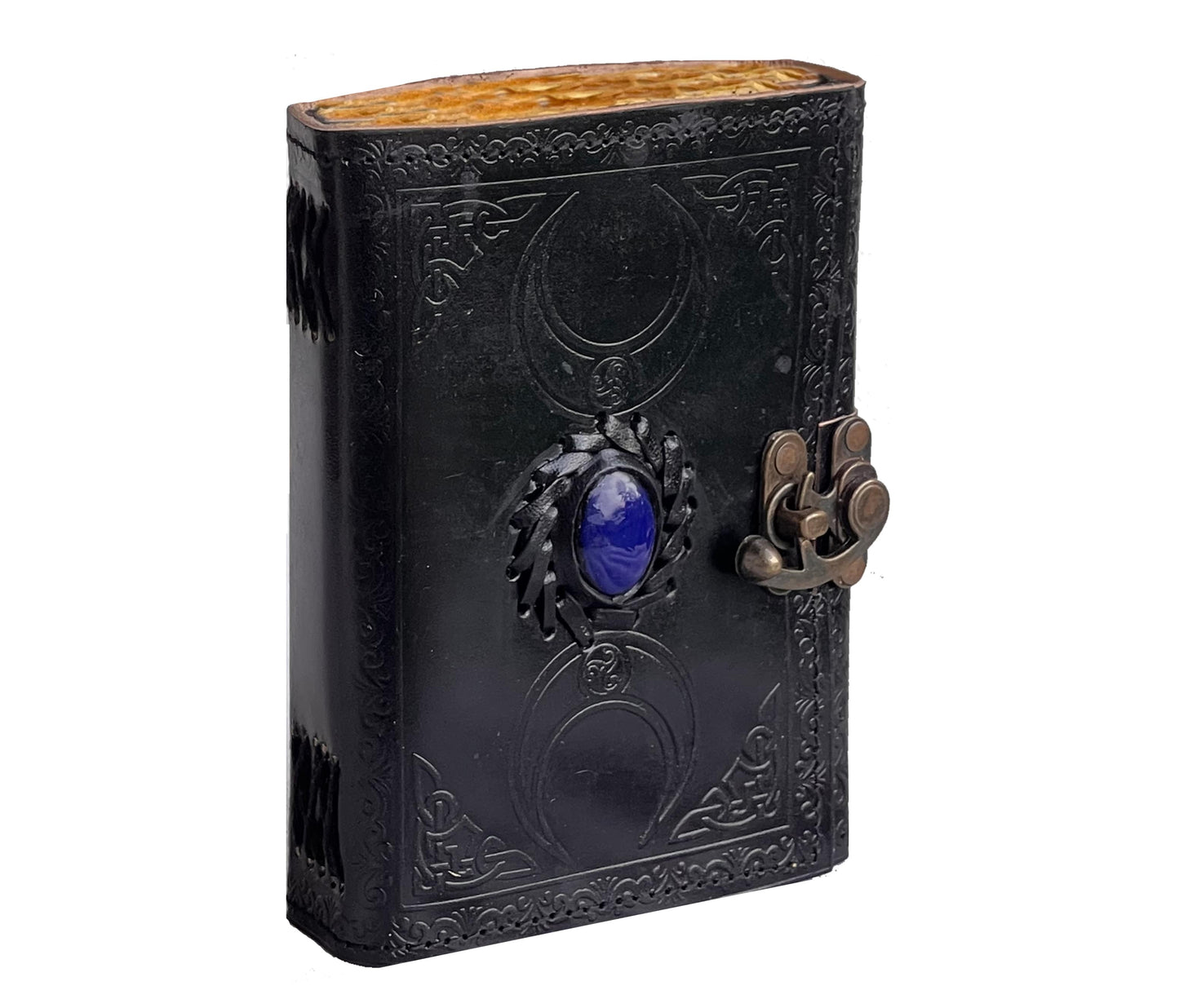 Channel Your Inner Mystic With This 6x8-inch Handcrafted Black Leather Journal, Featuring Embossed Moon Phases, A Vivid Blue Stone Centerpiece, And An Antiqued Metal Clasp. Vintage Deckle-edge Pages Durable Coptic Stitching Add Charm Longevity. Ideal For Spellwork, Journaling, Or Rituals, Personalized Celestial Diary Is Customized Birthday Gift, Graduation Occult Keepsake Men Women Drawn To Lunar Magic, Gothic Style, Spiritual Exploration.