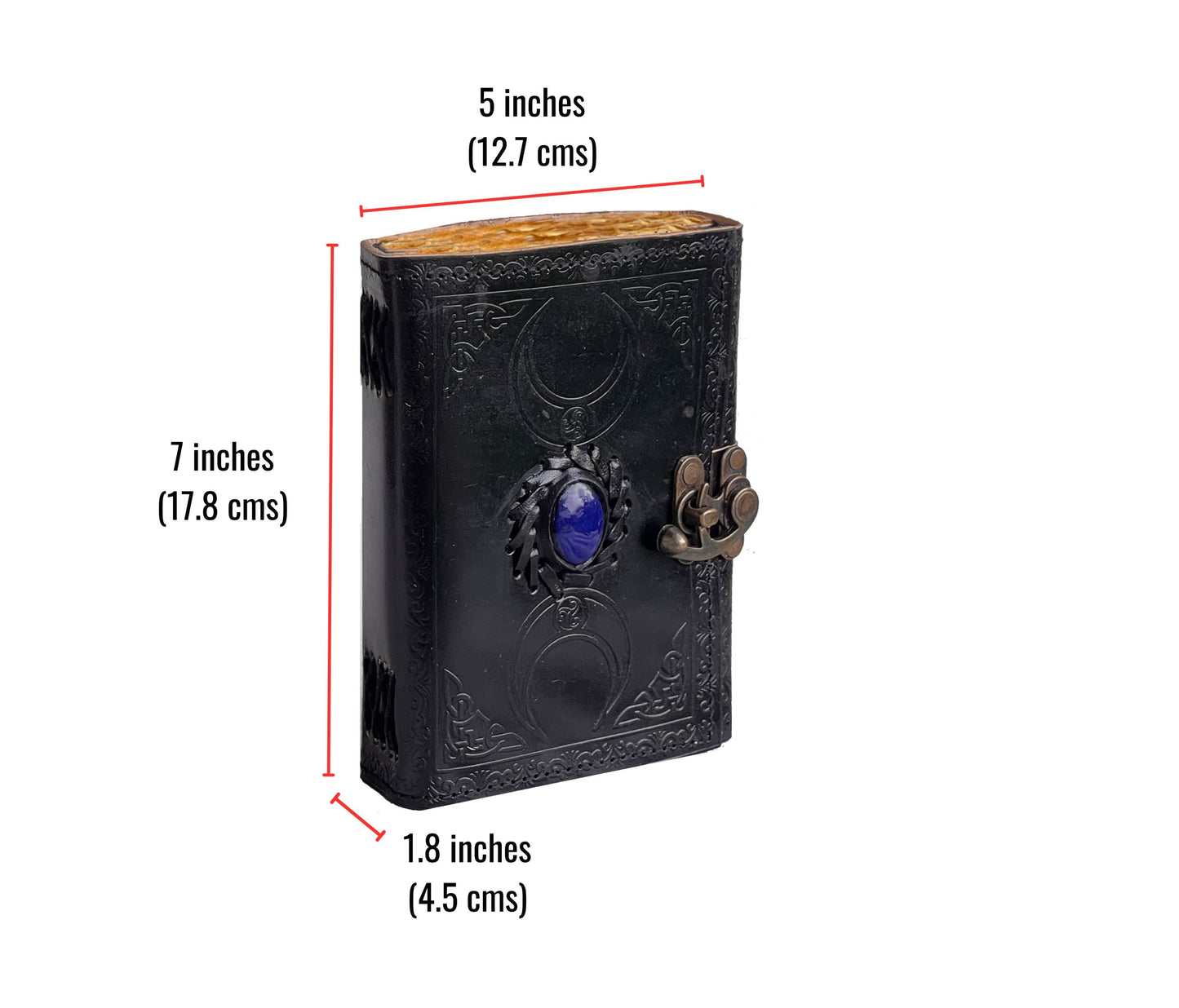 A Handmade Leather Journal With Precise Dimensions: 7 Inches (17.8 Cm) Height, 5 (12.7 Width, And 1.8 (4.5 Thickness. The Boasts Gothic-inspired Black Cover Embossed Intricate Patterns Adorned Blue Stone Centerpiece Antique Metal Latch. Its Compact Size Makes It Ideal For Carrying As Travel Journal, Spell Book, Wiccan Grimoire, Or Personal Diary. Seo-rich Keywords: Gothic Diary, Vintage Notebook, Witchcraft Stone-embellished Boho Clasp Unique Writer Gift, Occult Stationery.