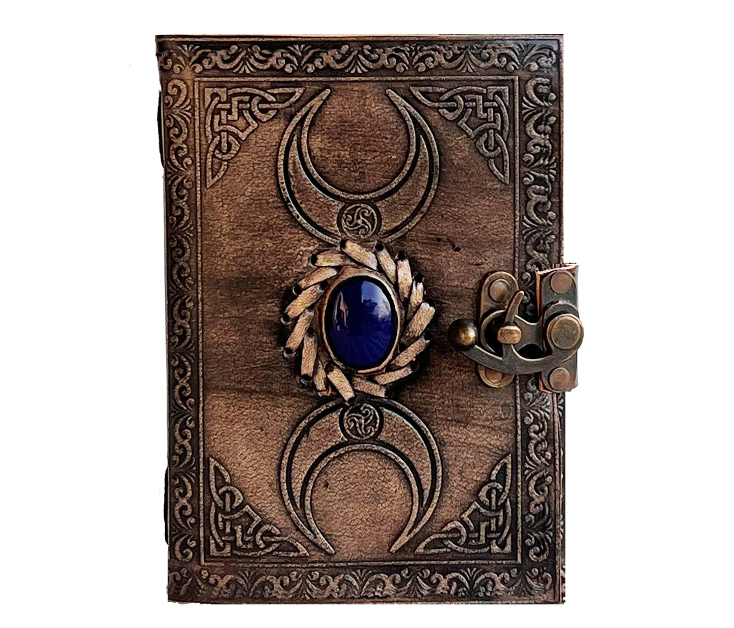 Channel Ancient Energy With This Handcrafted Leather Journal, Featuring A Burnished Metallic Finish And An Intricately Embossed Triple Moon Design. Centered By Deep Blue Gemstone, The Cover Evokes Celestial Power Spiritual Depth. Journal Is Secured Vintage Brass Latch, Offering Both Elegance Protection For Your Private Thoughts. Expertly Hand-stitched Steeped In Gothic Charm, Piece Perfect Witches, Wanderers, Dreamers Alike. Whether Used As Grimoire, Diary, Or Art It Invites Magic To Every Page.