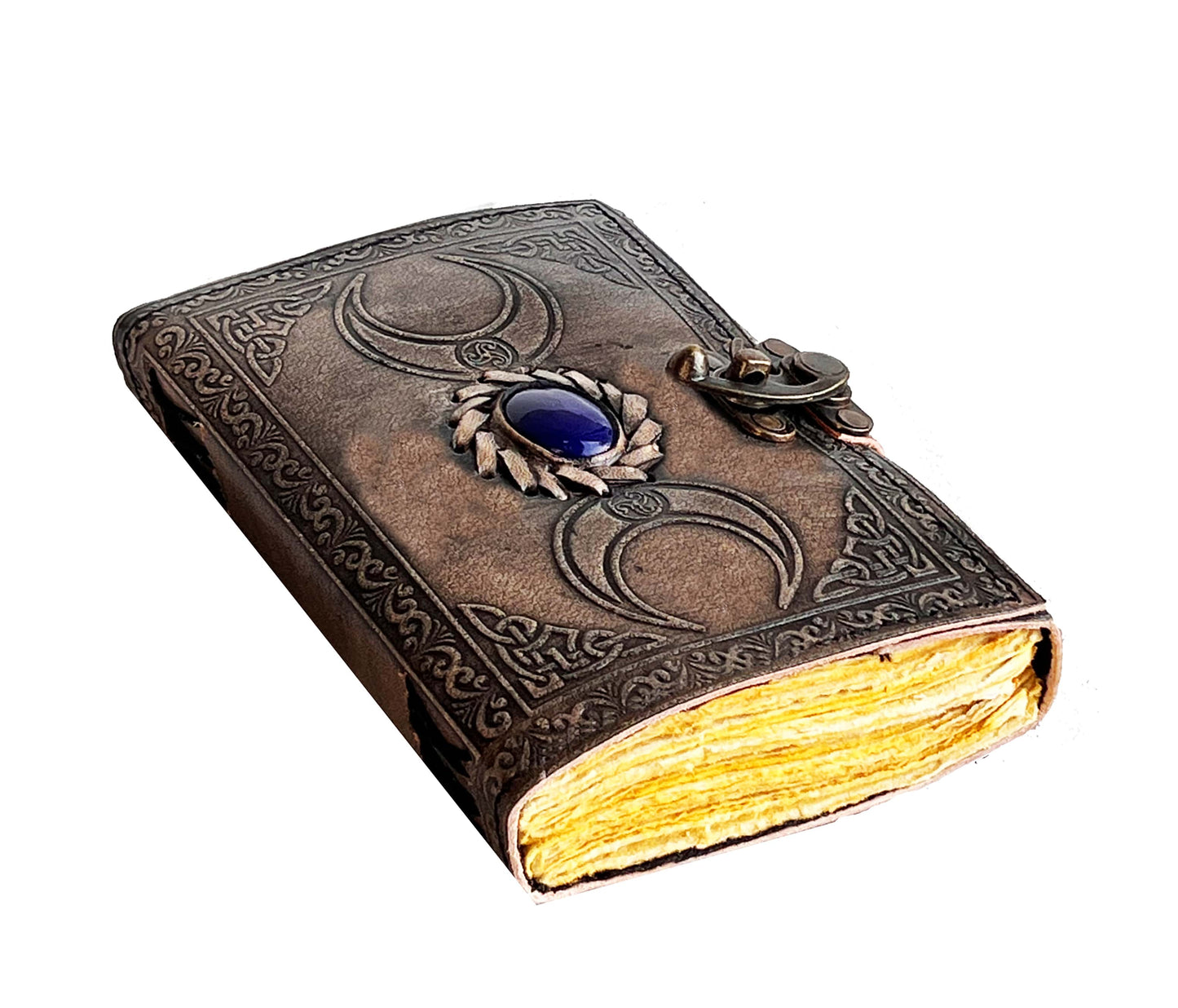 Capture The Magic Of Your Thoughts In This Handcrafted Leather Journal, Adorned With Sacred Triple Moon Symbol And Centered Around A Deep Lapis-blue Gemstone. Antique Silver-toned Cover Exudes Gothic Charm, While Ornate Brass Latch Secures Most Intimate Reflections. Inside, You’ll Discover Hand-cut, Naturally Deckled Pages, Perfect For Spellwork, Sketching, Or Daily Journaling. Ideal Witches, Writers, Lovers Arcane Aesthetics, Vintage-style Book Is Not Just Journal—it’s Portal To Inner World.