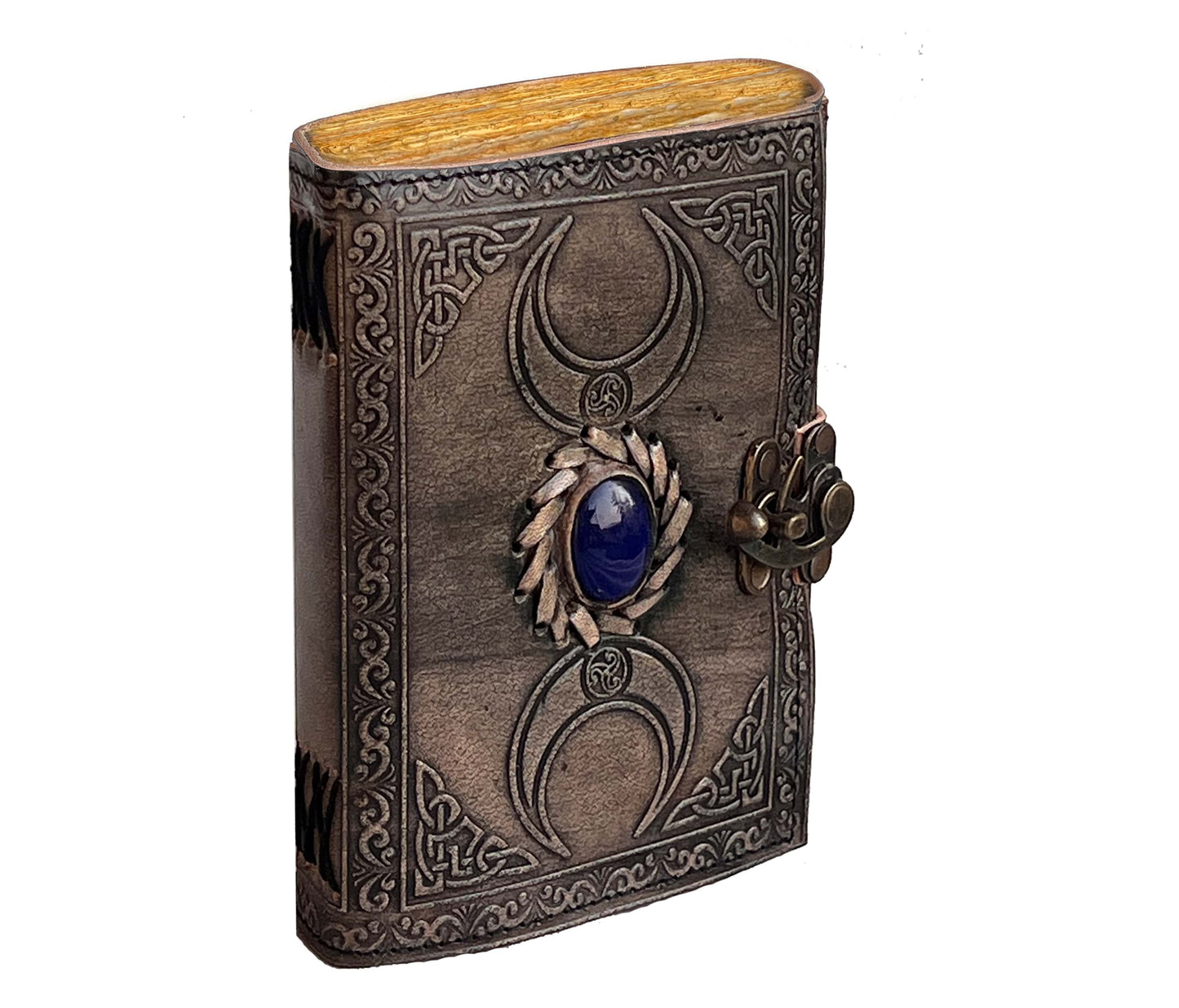Unveil Your Creativity With This Vintage-inspired Leather Journal, Finished In A Stunning Antique Silver Tone. The Front Showcases A Hand-embossed Triple Moon Symbol, Anchored By A Rich Midnight Blue Stone That Exudes Mystery And Elegance. A Classic Brass Latch Secures Your Entries While Adding A Touch Of Old-world Charm. Inside, You’ll Find Deckle-edge, Rustic Pages Perfect For Sketches, Spells, Or Soul-deep Reflections. Ideal For Spiritual Journaling, Historical Cosplay, Or Witchcraft
