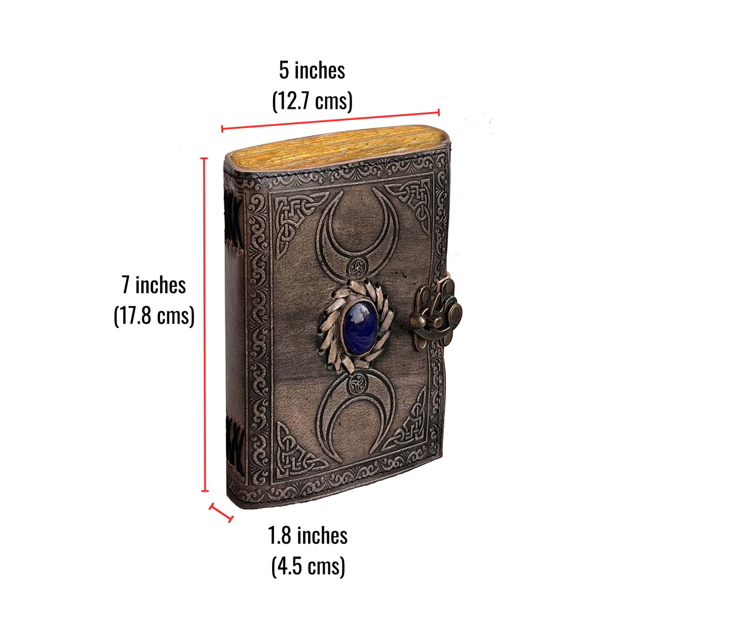 Embrace Timeless Elegance With This 7 X 5-inch Handcrafted Leather Journal—a Perfect Companion For Dreamers And Writers Alike. Featuring A Mystical Triple Moon Design Striking Blue Stone Centerpiece, Journal Is Bound In Rustic Grey-toned Secure Vintage Latch. Thickness Of 1.8 Inches, It Offers Ample Space Through Its Aged Deckle-edged Pages, Ideal Sketches, Spells, Or Soulful Reflections. Compact Yet Full Character, More Than Just Notebook—it’s Your Personal Grimoire Creative Sanctuary.