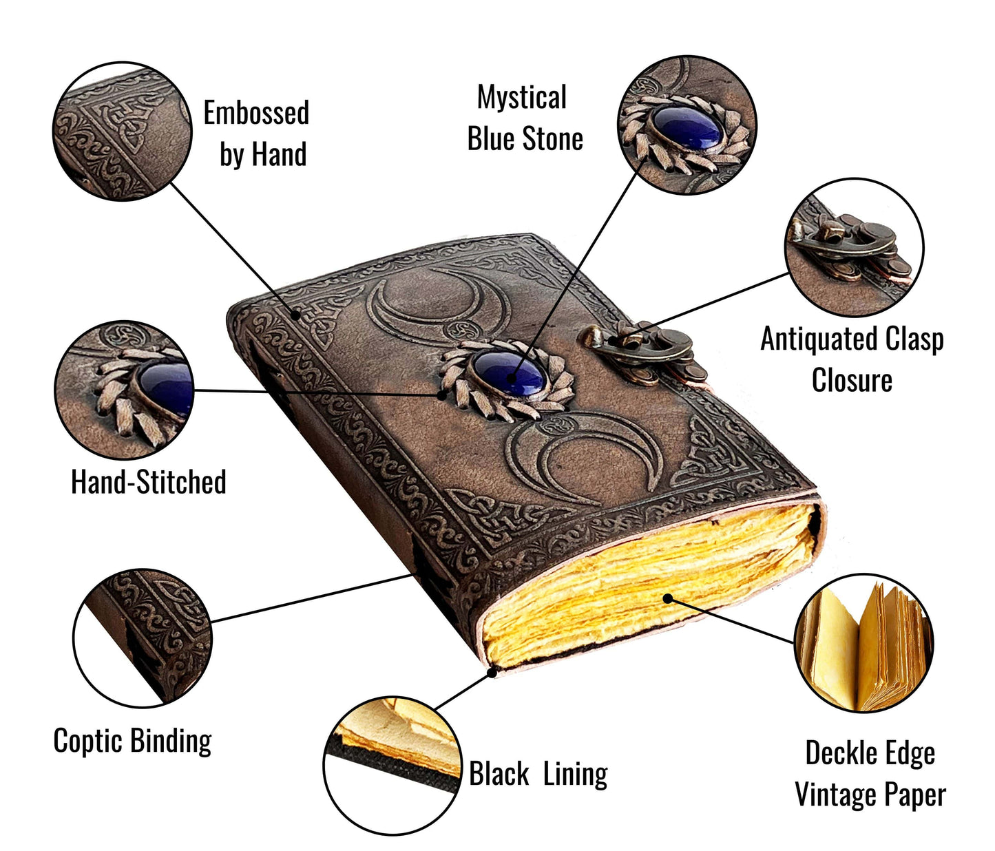Crafted For The Curious Soul, This Hand-embossed Leather Journal Features An Ornate Triple Moon Design Centered By A Mystical Blue Stone That Radiates Intention. The Antiqued Clasp Closure Secures Your Secrets Within Deckle-edge Vintage Paper, Giving Each Page A Touch Of Old-world Charm. From The Coptic Binding To The Black Interior Lining, Every Detail Reflects Artisan Skill. Whether You Use It For Spells, Dreams, Or Daily Reflections, The Hand-stitched Leatherwork And Tactile Texture Make This Journal