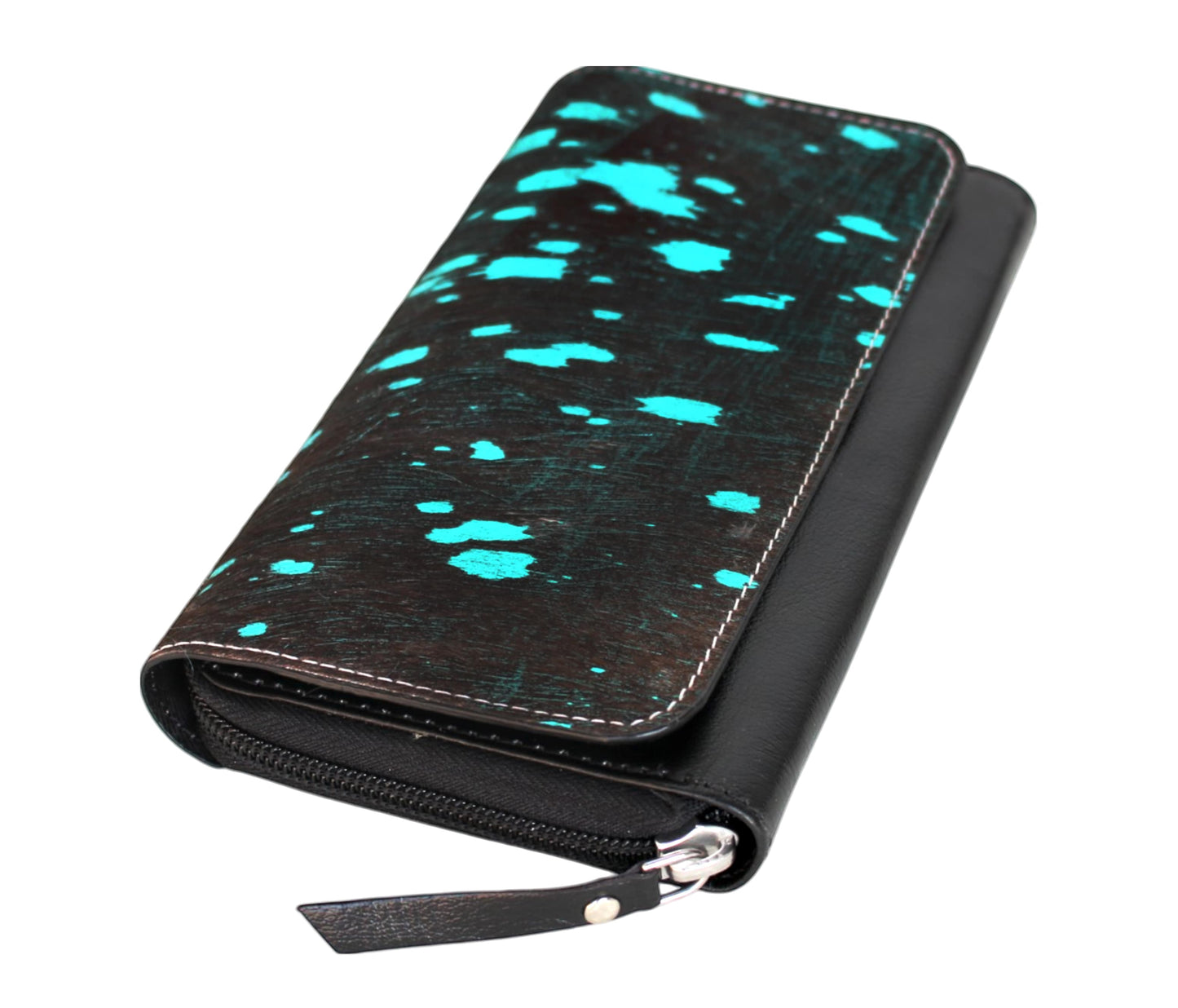 This Personalized Women’s Leather Wallet Clutch Blends Elegance And Functionality, Perfect For Regular Use, Office Meetings, Party Outings. With A Bold Black Base Vibrant Turquoise Splatter Accents, It Offers Trendy, Unique Look. Designed Secure Zipper Snap Closure, Multiple Compartments, Keeps Essentials Organized. Crafted From Premium Leather, Suits Both Casual Formal Wear. Customized Birthday Gift Or Graduation Men Women, It’s Standout Daily Accessorylegance Ideal Featuring Compartments Keep Accessory.