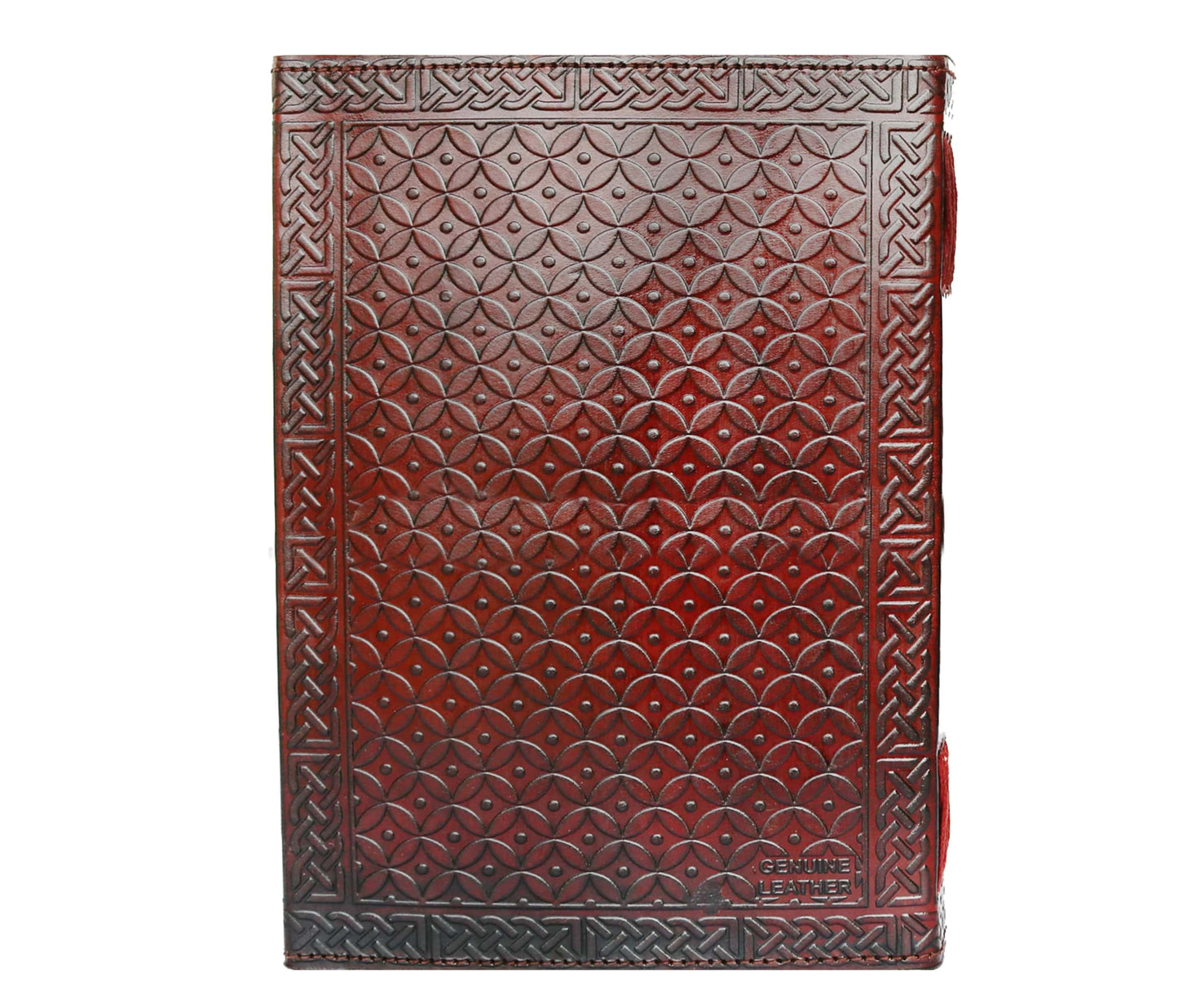 Crafted From Genuine Full-grain Leather, The Back Cover Of This Journal Features A Hand-embossed Scale-and-floral Pattern That Radiates Elegance And Old-world Charm. Border Is Adorned With Celtic Knotwork, Enhancing Its Mystical Appeal. Natural Sheen Rich Red-brown Tones Leather Reflect Artistry Poured Into Each Detail—making Visual Treasure Front To Back. Stamped Subtly “genuine Leather” Mark, Quietly Affirms Authenticity Quality.