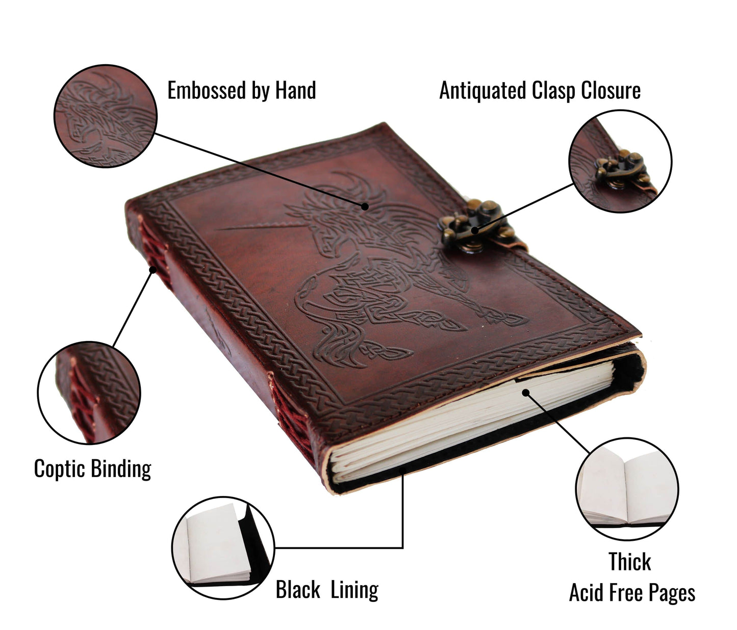 Handmade Celtic Unicorn Leather Journal – 5 x 7 inch Vintage Notebook with Lock Unleash your imagination this handcrafted Journal, beautifully embossed by hand a powerful unicorn symbol. Measuring inches (17.8 12.7 cm) 1.5-inch (3.8 spine, vintage notebook is ideal for writing, sketching, or magical journaling. Crafted from genuine full-grain leather, it features an antiqued brass clasp closure, coptic binding durability and flat-page black interior lining premium finish. Inside, you'll find thick