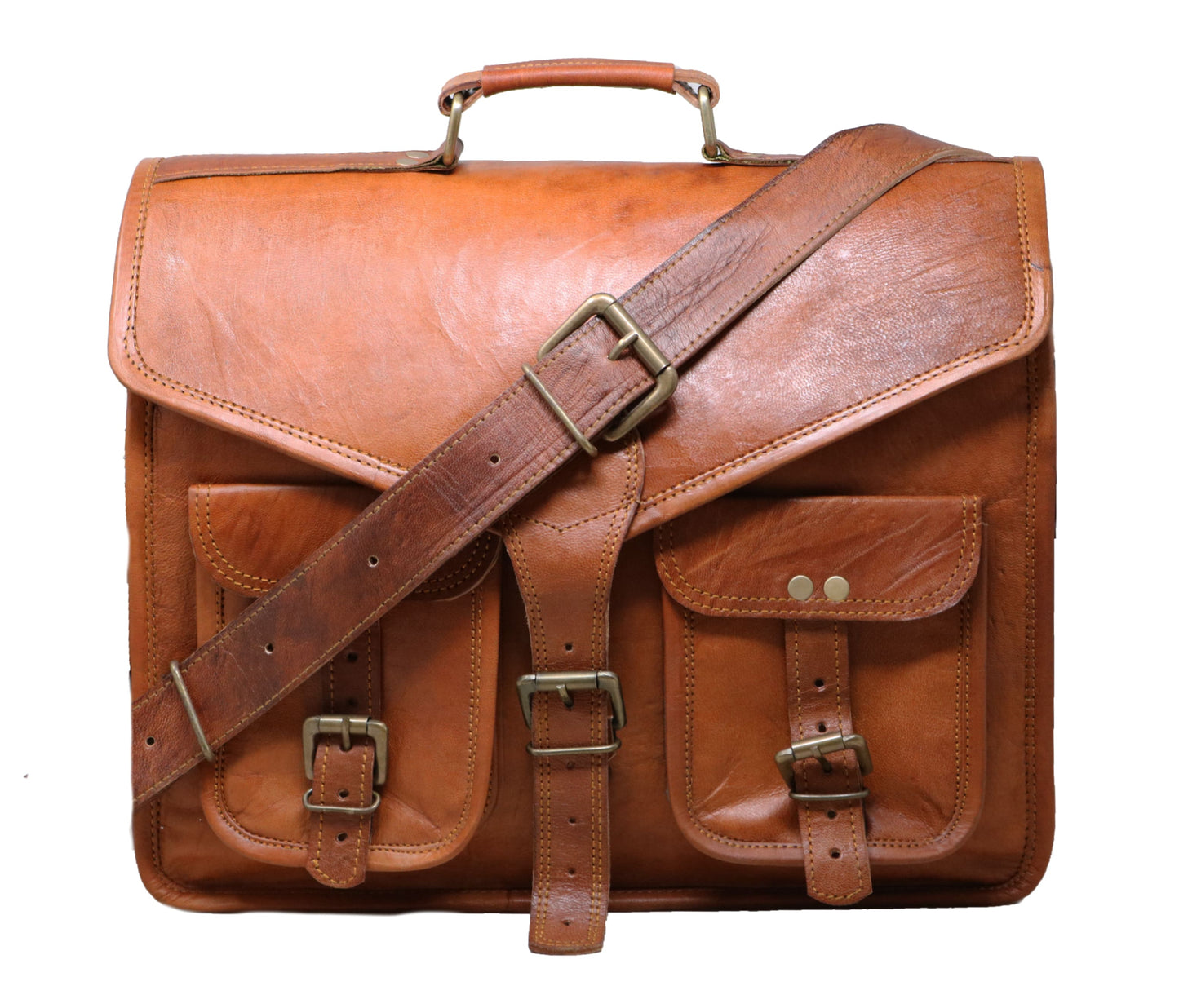 Handcrafted Tan Leather Satchel Perfect Personalized Gift For Men And Women. Featuring A Distinctive Triangular Flap Dual Front Pockets, It Blends Vintage Charm With Modern Utility. Crafted From Full-grain Leather, Its Warm Caramel Tone Ages Beautifully. The Spacious Interior Fits Laptops Essentials, Making An Ideal Graduation Gift, Birthday Or Stylish, Customized Work Companion Daily Use.