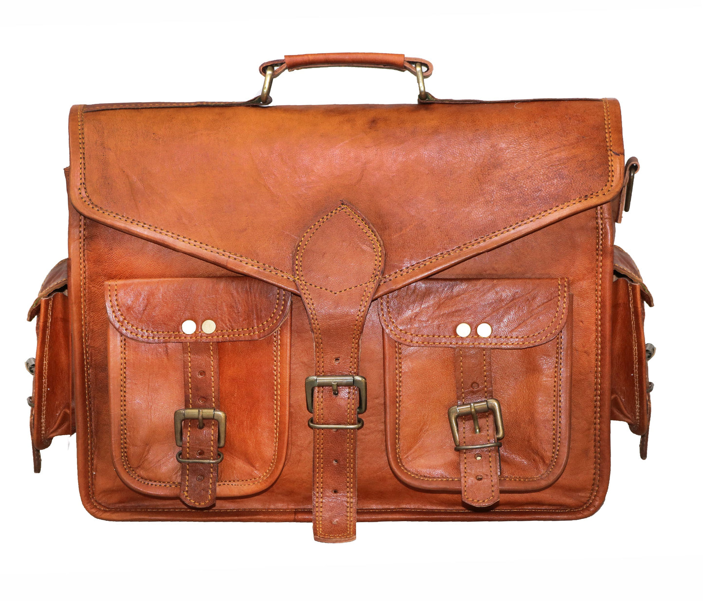 A Personalized Gift For Men And Women With Dual Pocket Side Storage. Crafted From High-quality Full-grain Leather, This Customized Vintage Satchel Features Unique Leaf-shaped Flap, Buckle Pockets, Compartments Extra The Rich Honey-brown Patina Deepens Age. Spacious Enough Laptops, Books, Gear, It's An Ideal Birthday Gift, Graduation Or Everyday Companion That Transitions Seamlessly Office To Travel.