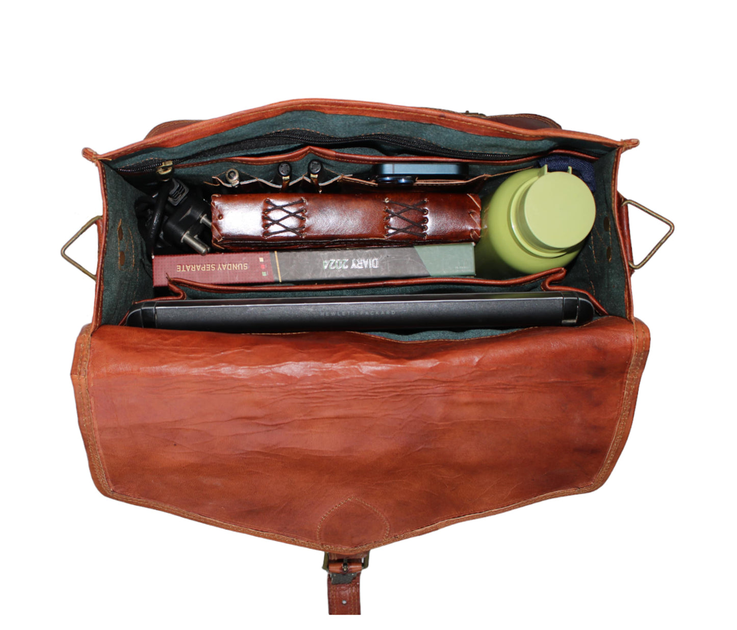 This Image Showcases The Fully Packed Interior Of A Vintage Leather Satchel Bag, Emphasizing Its Impressive Storage Capacity And Smart Organization. Bag Neatly Accommodates Diary, Journal, Laptop, Water Bottle, Charger, Book, Pens—demonstrating Suitability For Office, School, Travel, Or Daily Commutes. Crafted Both Style Utility, It’s An Ideal Companion Professionals, Students, Creatives Seeking Dependable Refined Everyday Carry.