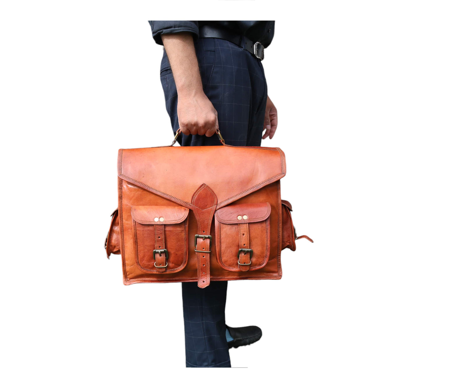 A Stylish Handcrafted Leather Satchel Bag Is Shown Being Carried By Hand, Highlighting Its Professional Appeal And Convenient Top-handle Design. Made From Rich Brown Full-grain Leather, It Features Dual Front Buckle Pockets Side Compartments That Combine Vintage Charm With Modern Practicality. Ideal For Work, Meetings, Or Travel, This Versatile Accessory Makes Thoughtful Personalized Gift Men Women—perfect Birthdays, Graduations, Milestones.