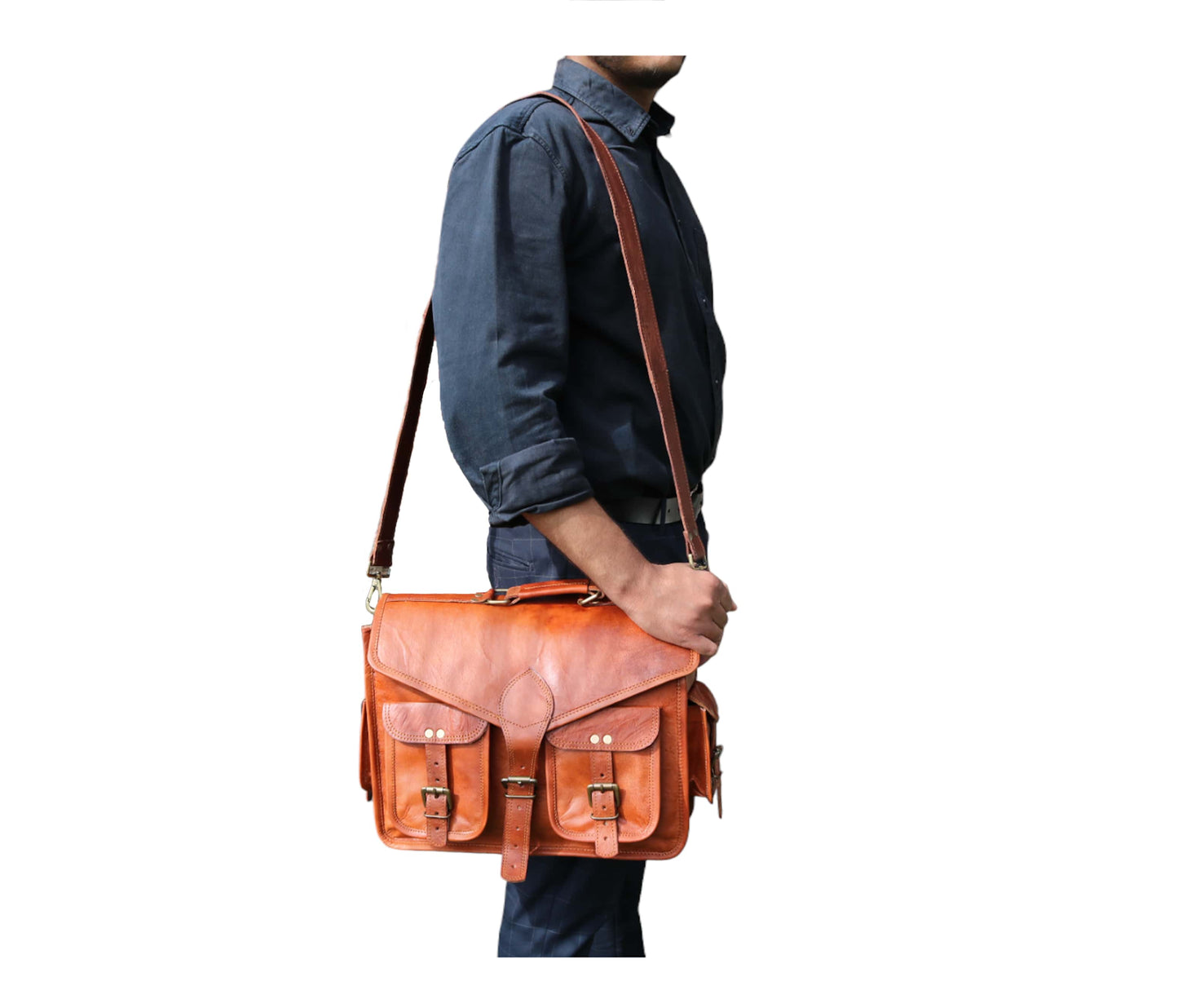 A Genuine Leather Satchel Bag Worn Crossbody, Showcasing Its Adjustable Padded Shoulder Strap For Comfortable, Hands-free Carrying. Crafted From Premium Full-grain With Brass Buckles And Dual Front Pockets, It Blends Style Utility—ideal Commuting, Work, Or Travel. The Structured Silhouette Delivers Sleek, Professional Appearance. Perfect Personalized Customized Gift Men Women—great Birthdays, Graduation, As Timeless Everyday Companion.