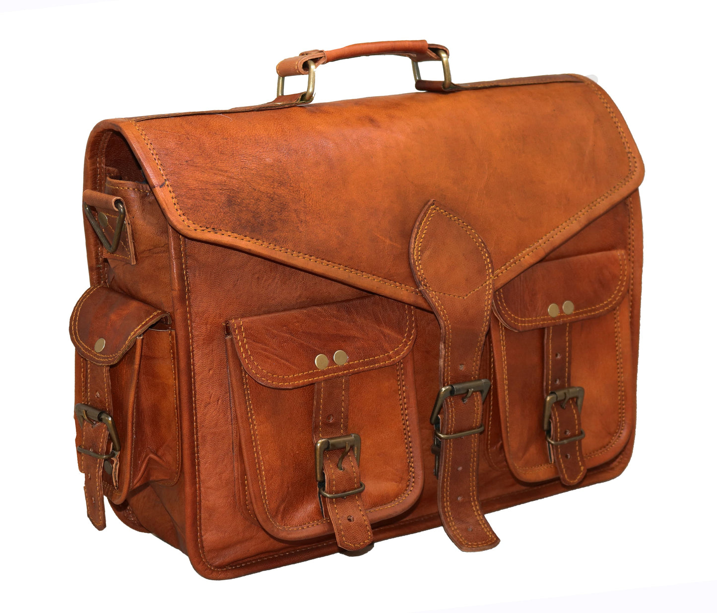 Handcrafted Genuine Leather Satchel Bag In Rich Tan Brown—a Personalized Gift For Men And Women Who Appreciate Timeless Style. Made From Premium Full-grain Leather, It Features Vintage-style Brass Buckles, Dual Front Pockets, Side Compartments, A Sturdy Top Handle. Perfect As Laptop Bag, Office Briefcase, Or Travel Messenger, This Customized Graduation Birthday Blends Rustic Charm With Lasting Durability Professionals, Students, Travelers.