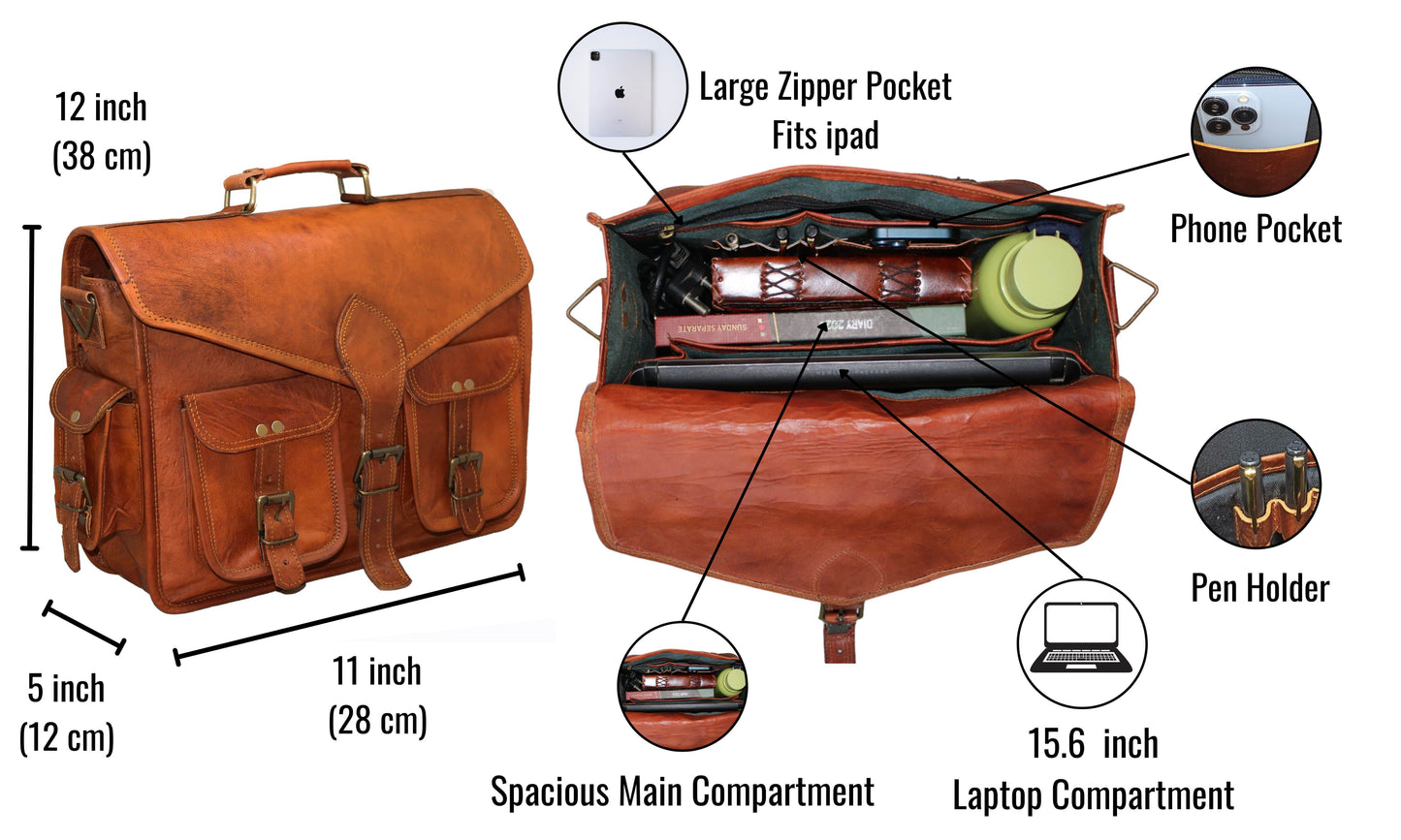 This 16x12x4 Inch Handmade Vintage Leather Messenger Bag Is The Perfect Personalized And Customized Gift For Men Women, Offering Both Functionality Timeless Style. Crafted From 100% Genuine Buffalo Leather, It Includes A Padded Laptop Compartment (Fits Up To 15.6"), Spacious Main Section, Card Pen Slots, Zippered Divider, Dedicated Phone Pocket. Great Graduation Gift, Birthday Or Everyday Companion Professionals, Students, Travelers