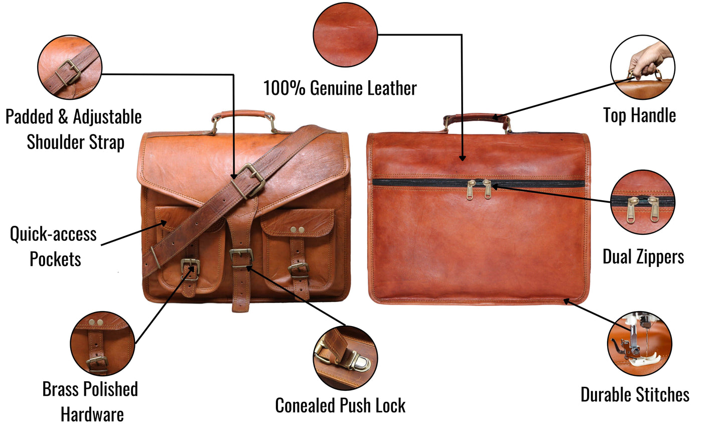 Discover The Premium Features Of This Genuine Leather Satchel Bag—designed For Both Professional And Everyday Use. Handcrafted From 100% Full-grain Leather, It Includes A Padded, Adjustable Shoulder Strap Sturdy Top Handle Versatile Carry. Concealed Push Lock, Dual Zippers, Brass-polished Hardware, Quick-access Pockets Combine Style With Function. Reinforced Stitching Ensures Long-lasting Durability, Making Reliable Timeless Companion Work, Travel, Or Daily Routines.