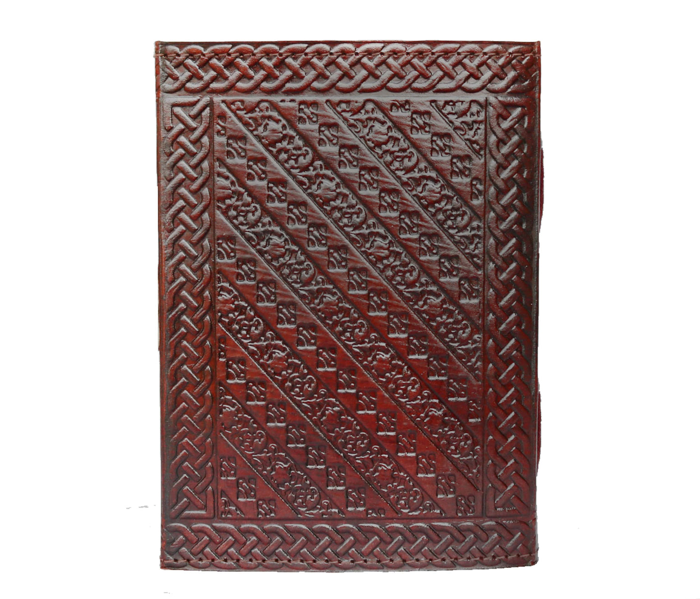 This Beautifully Handcrafted Leather Journal Showcases A Striking Diagonal Embossed Pattern Framed By Intricate Celtic Knotwork. Made From Rich, Reddish-brown Leather, It Exudes Rustic Charm And Timeless Elegance. Perfect For Journaling, Sketching, Or Note-taking, Its Artisanal Design Blends Tradition With Durability. A Meaningful, Personalized Gift You Can Customize For Writers, Artists, Or Dreamers—ideal For Birthdays, Special Occasions, Or As A Treasured Keepsake To Preserve Creativity And Inner Reflecti