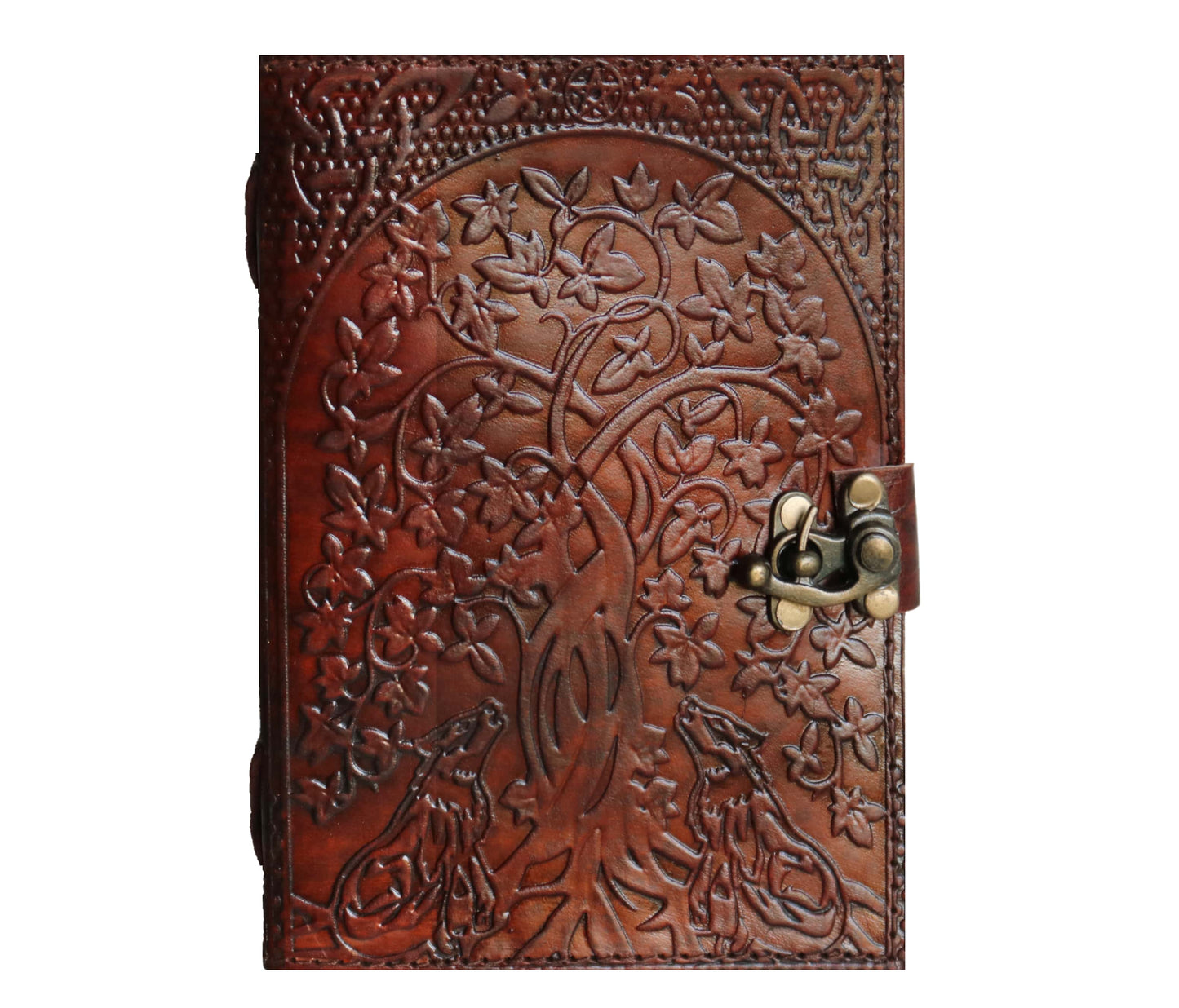This Handcrafted Leather Journal Features A Deeply Embossed Tree Of Life Flanked By Howling Wolves Symbolizing Strength, Wisdom, And Connection To Nature. Made From Warm Brown Genuine Leather With An Antiqued Brass Clasp, It Blends Function With Earthy Charm. Perfect For Writers, Artists, And Nature Lovers, It Offers A Meaningful, Personalized Space For Thoughts Or Sketches. An Inspiring Gift For Birthdays, Graduations, Or Anyone Drawn To Symbolic, Handcrafted Design.