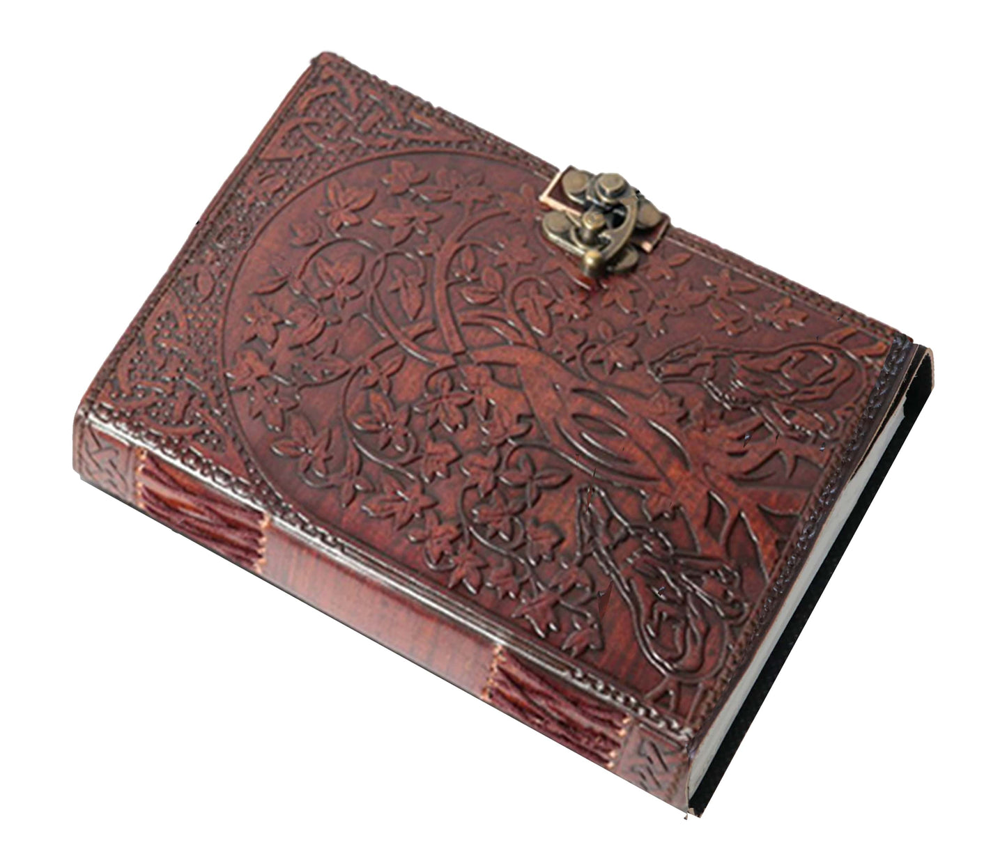 This Beautifully Handcrafted Leather Journal Showaases An Embossed Tree Of Life Design With Howling Wolves, Symbolizing Wisdom And Wild Spirit. The Intricate Detailing On Rich Brown Cover Highlights Traditional Craftsmanship, While Antiqued Brass Clasp Adds Both Elegance Security. Spine Features Strong Coptic Stitching, Ensuring Durability Ease Use. Perfect For Journaling, Sketching, Or Note-taking, Offers A Unique Meaningful Space To Express Thoughts, Creativity, Memories Rustic Mystical Charm.