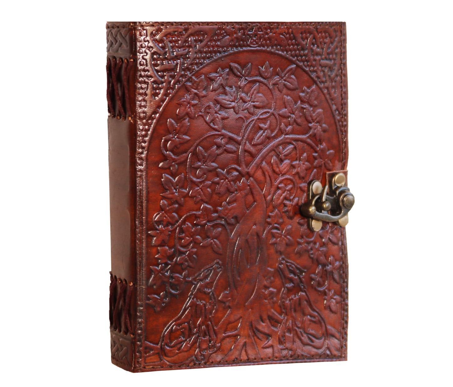 This handcrafted leather journal showcases an exquisite Tree of Life with two howling wolves, symbolizing strength, growth, and harmony nature. Made from rich brown deeply embossed for tactile appeal, it features antiqued brass clasp secure, vintage charm. With a sturdy spine symbolic artistry, it’s perfect writers, dreamers, nature lovers—a meaningful, personalized gift birthdays, graduations, or soulful journaling journeys.