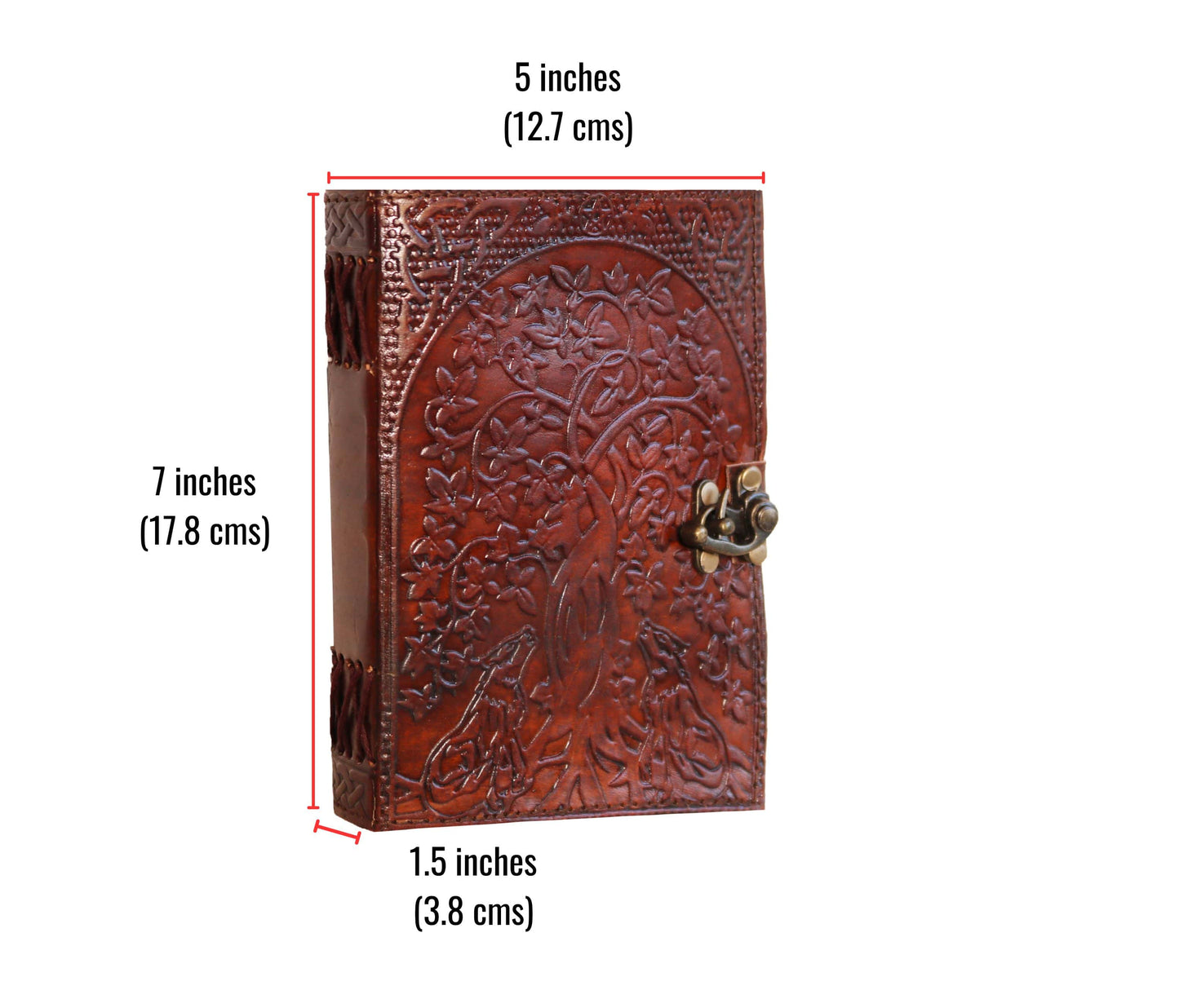 This Hand-embossed Leather Journal (7 X 5 1.5 Inches) Features A Detailed Tree Of Life With Howling Wolves—symbolizing Strength And Nature’s Harmony. Crafted From Genuine Coptic Stitching Hand-stitched Edges, It Includes An Antiqued Brass Clasp For Secure Closure. Inside, Thick Acid-free Pages Welcome Writing Or Sketching. Meaningful, Personalized Gift Birthdays, Graduations, Spiritual Journeys—blending Mystical Symbolism Everyday Functionality.