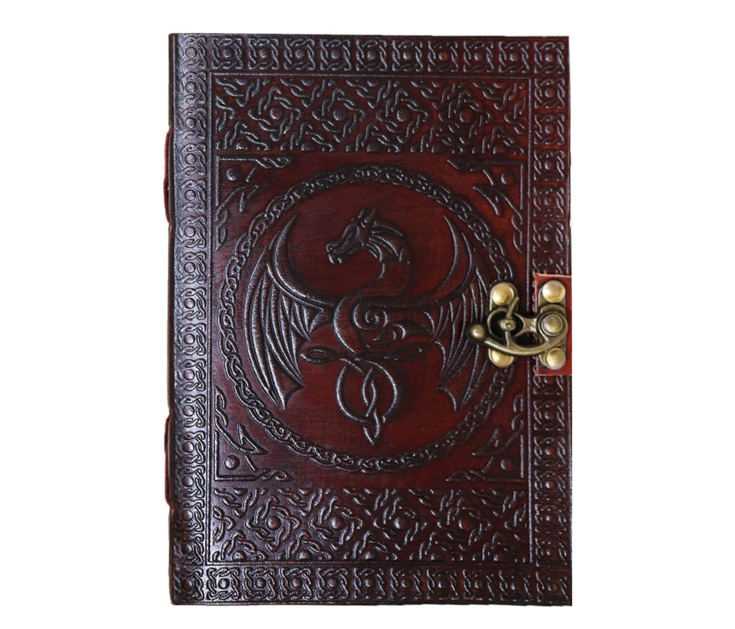 Channel The Essence Of Power And Mystery With This Personalized Handcrafted Leather Journal Embossed A Majestic Dragon Encircled By Ornate Patterns Deep Burgundy Tone Genuine Cover Radiates Richness Strength, While Antique Brass Clasp Adds Touch Medieval Elegance Security Ideal For Fantasy Writers Roleplaying Enthusiasts, Or Lovers Mythical Lore, Journal Features Thick, Acid-free Pages Perfect Chronicling Dreams Sketches Secret Spells. Bold Beautiful, Built To Last this Is More Than Notebook It's Guardian