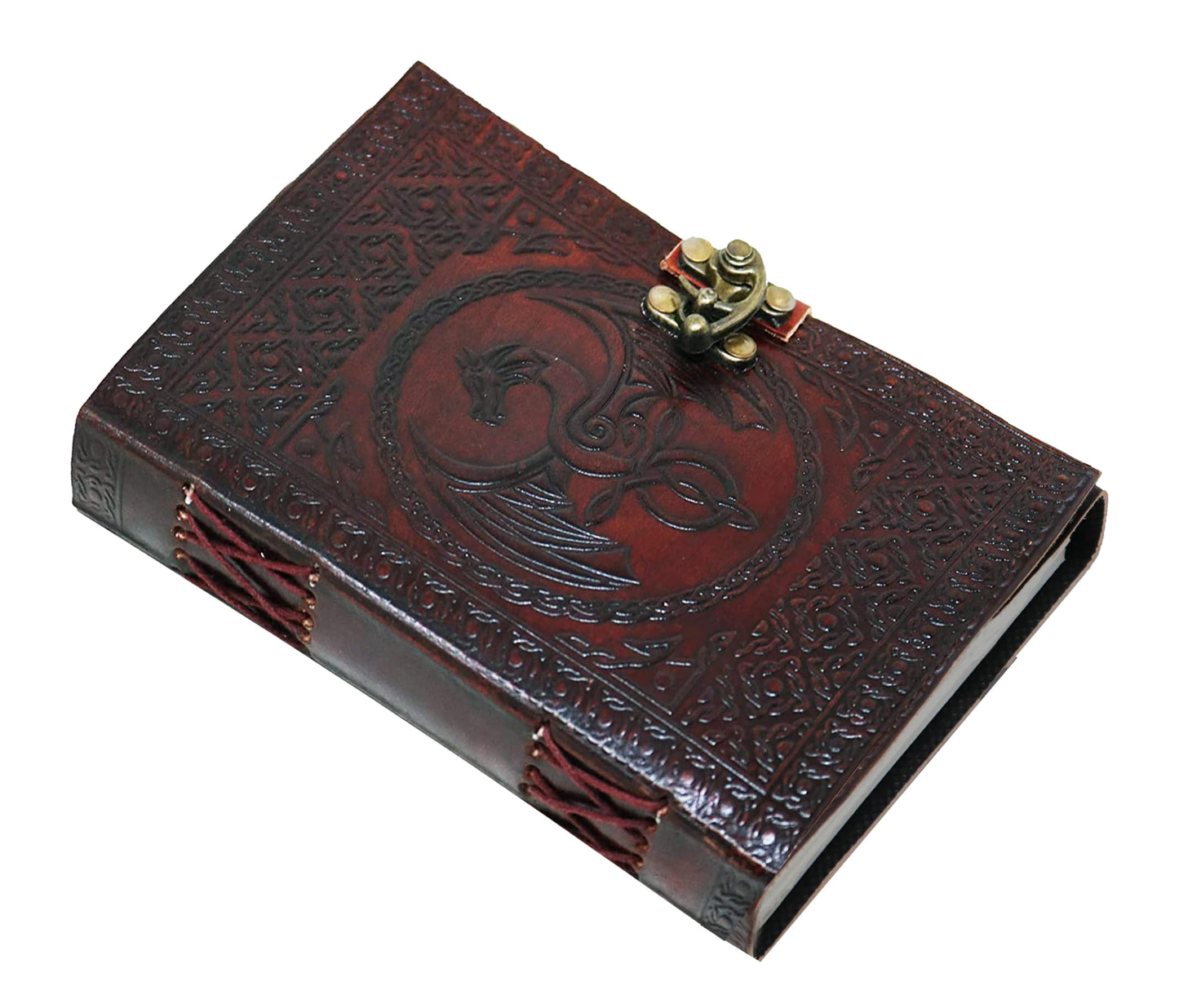 Unveil A World Of Mystery And Craftsmanship With This Striking Leather Journal, Hand-embossed Coiled Dragon Nestled Within Ring Intricate Celtic Patterns. Its Rich Maroon Hue Cross-stitched Spine Exude Old-world Charm, While The Antiqued Brass Clasp Keeps Your Secrets Secure. Crafted From Genuine Leather, Compact Yet Commanding Notebook Features Premium Unlined Pages—perfect For Journaling, Sketching, Or Magical Musings. Unique Customized Gift Those Who Cherish Fantasy Creativity.