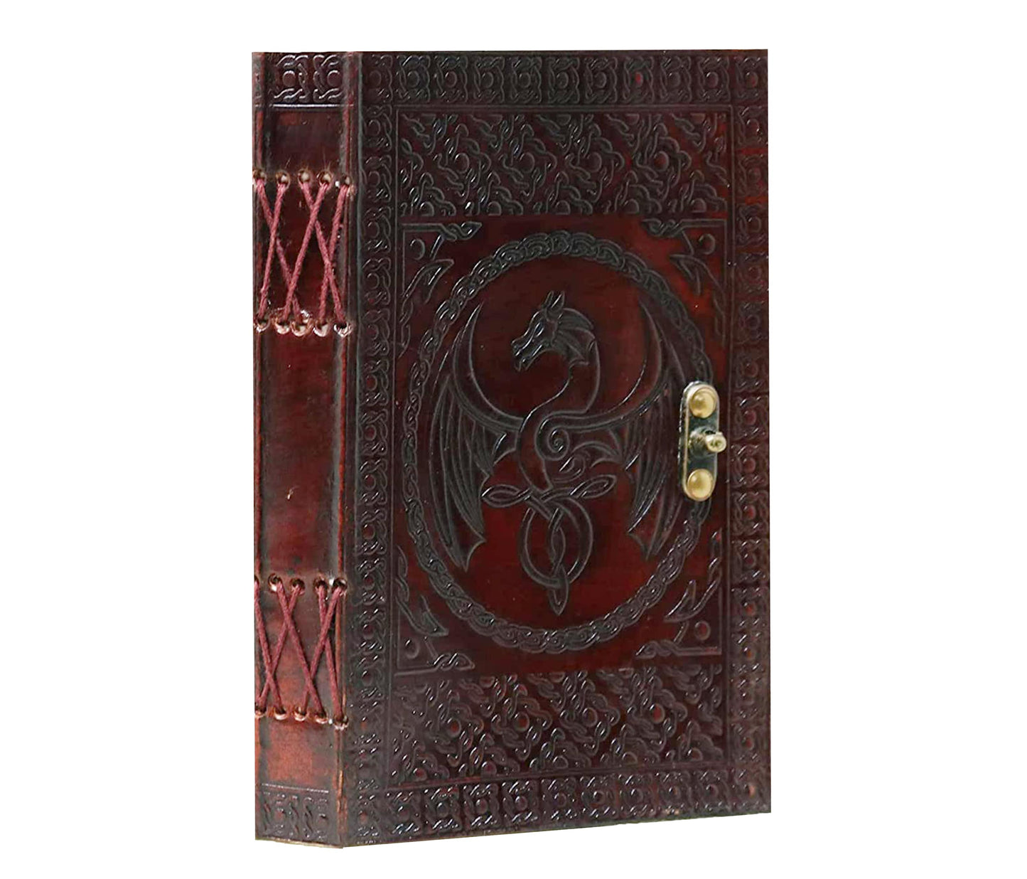Step Into A World Of Myth And Mystery With This Handcrafted Leather Journal, Featuring Majestic Dragon Embossed In Bold Detail Across Rich Burgundy Cover. Framed By Ornate Floral Vine Motifs, It Evokes Ancient Magic, While The Hand-stitched Spine Antique Brass Clasp Offer Durability Vintage Charm. Made From Genuine Leather, Exudes Rustic Elegance. Perfect Personalized Or Customized Gift For Writers, Role-play Gamers, Fantasy Lovers Seeking Their Own Legendary Realm.
