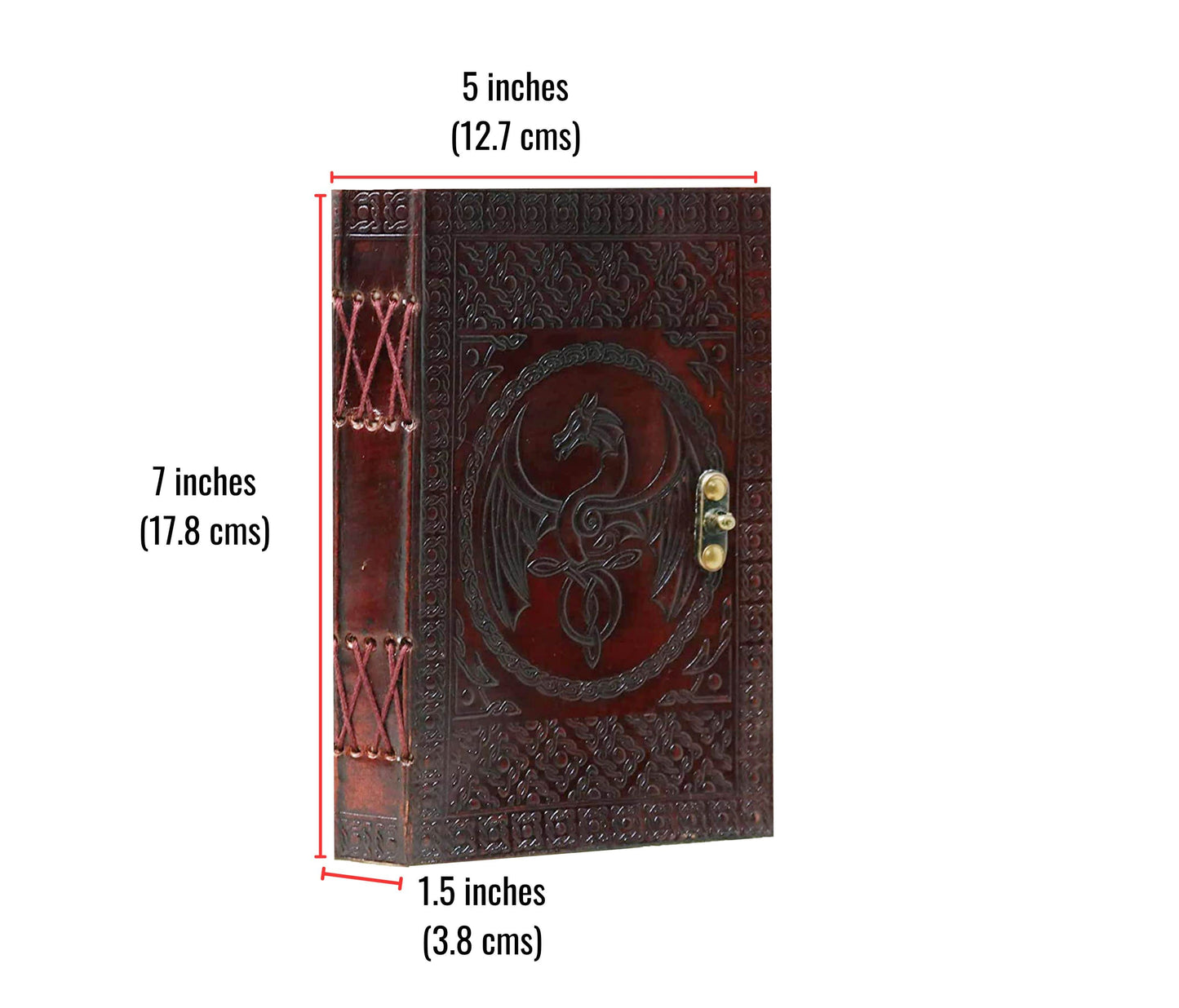 This 7 X 5-inch Handcrafted Leather Journal Is A Compact Treasure Of Timeless Artistry, Featuring Deeply Embossed Dragon At Its Center—symbolizing Wisdom, Strength, And Transformation. The Genuine Cover, Rich In Deep Burgundy Tones, Bordered With Intricate Celtic Patterns Finished Secure 1.5-inch Thick Spine Vintage-style Brass Clasp. Inside, Thick, Acid-free Pages Offer Perfect Canvas For Writing, Sketching, Or Spellwork. Ideal Fantasy Lovers, Writers, Those Seeking Meaningful Gift, Blends Mythic Charm