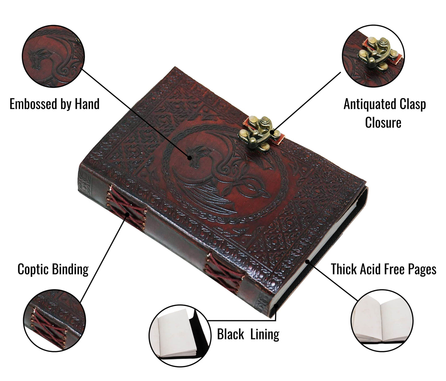 Elevate your journaling with this masterfully crafted leather notebook, personalized for those who value both durability and inspiration. Featuring a hand-embossed striking dragon motif, the rich burgundy cover is secured with an antiquated brass clasp, blending elegance with secure storage. The sturdy Coptic binding allows the journal to lay flat for effortless writing or sketching, while the soft black lining adds a refined interior touch. Thick, acid-free pages preserve your thoughts, artwork, or spells