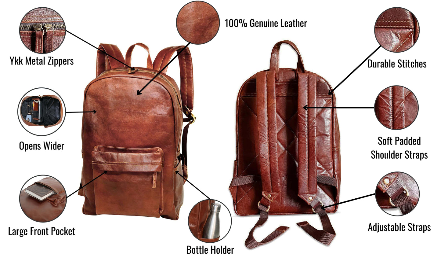 Premium Brown Leather Backpack – Built For Business, Designed Life Crafted From 100% Genuine Buffalo Leather, This Executive-style Blends Refined Aesthetics With Rugged Performance. Its Wide-opening Design Offers Easy Access To Essentials, While The Large Front Pocket And Dedicated Bottle Holder Make Organization Effortless Perfect Busy Professionals Daily Commuters. Durability In Mind, Features Ykk Metal Zippers, Reinforced Stitching, Padded Shoulder Straps Long-wear Comfort. Whether You're Headed Meetings