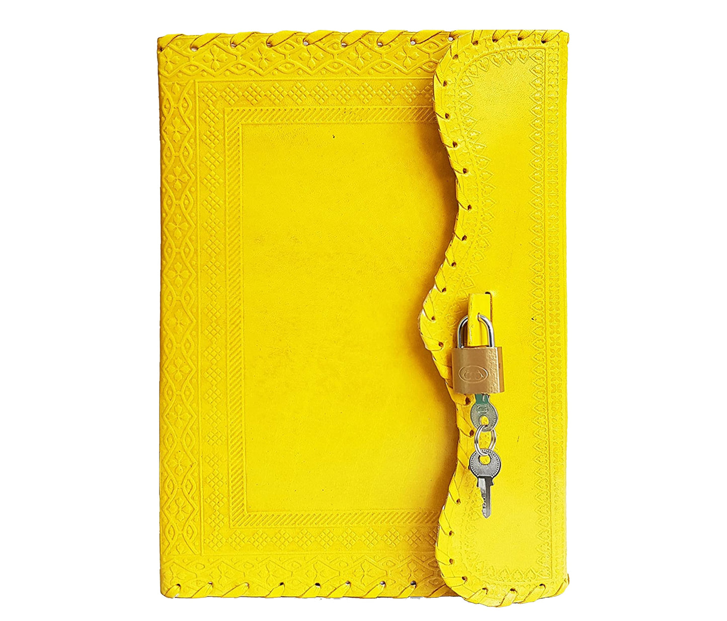 Brighten Your Day With This Handcrafted Yellow Leather Journal, Made From Traditionally Tanned Genuine And Detailed Artisan Hand Embossing. A Vintage-style Lock & Key Secures Thoughts, While Acid-free Blank Pages Coptic Binding Provide Smooth, Flat Writing Experience. Hand-stitched Edges Bold Coloring, Journal Is Perfect As Diary, Sketchbook, Or Travel Companion—an Eye-catching, Personalized Gift For Writers, Artists, Creative Souls.