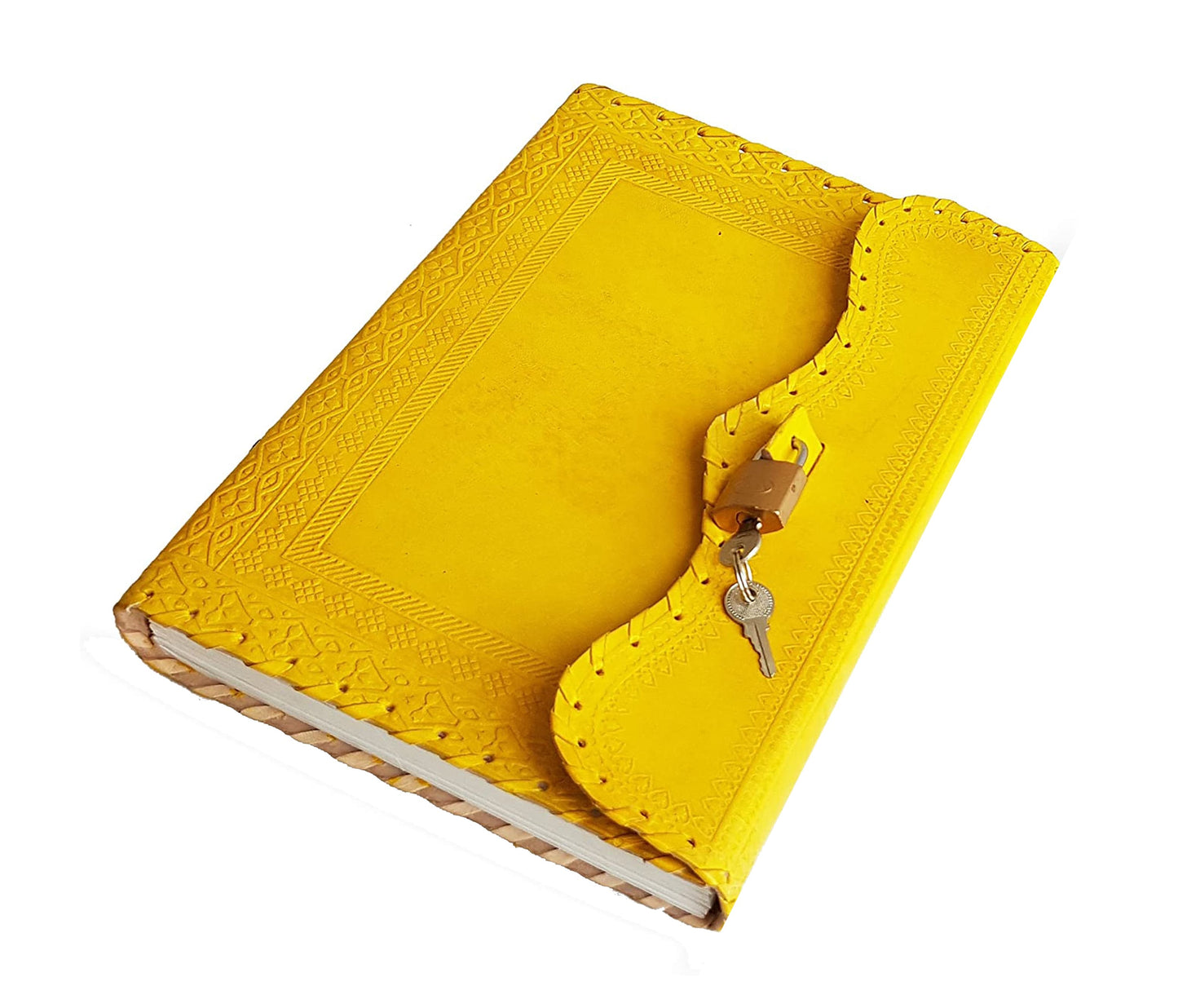 Make A Bold Statement With This Handmade Yellow Leather Journal, Crafted From Genuine, Traditionally Tanned Intricate Hand-embossed Detailing And Secure Lock & Key Closure. Featuring Acid-free Blank Pages Coptic Binding For Flat-lay Design, It's Ideal Journaling, Sketching, Or Planning. Vibrant, Hand-stitched Notebook Is Both Functional Artistic—a Perfect Customized Gift Writers, Creatives, Anyone Seeking Cheerful, Meaningful Daily Companion.