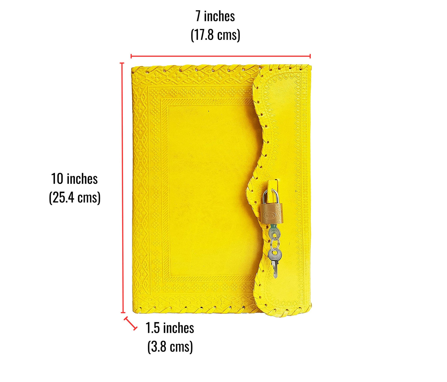 This 7x10 Inch Handcrafted Yellow Leather Journal, Made From Genuine Traditionally Tanned Leather, Features A Secure Lock & Key, Hand-embossed Detailing, And Eco-friendly, Acid-free Pages. Coptic Binding Allows It To Lay Flat, Perfect For Sketching Or Journaling. With 1.5-inch Spine Hand-stitched Edges, It's Durable, Personalized Treasure—ideal As Customized Gift Men Women, Unique Birthday, Anniversary, Graduation Gift.