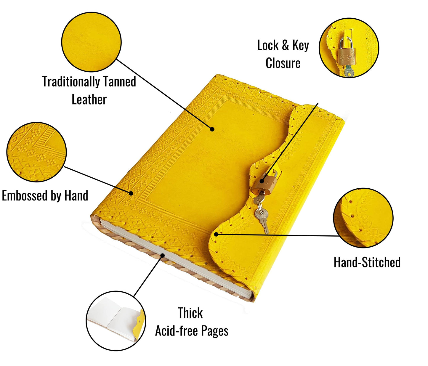 Elevate Your Journaling Experience With This Handmade Yellow Leather Journal, Crafted From Traditionally Tanned Genuine And Designed For Both Beauty Functionality. The Vibrant Cover Is Hand-embossed Intricate Patterns, Showcasing Timeless Artisan Skill. A Secure Lock & Key Closure Offers Privacy, Making It Ideal Preserving Thoughts, Sketches, Or Plans. Inside, Thick, Acid-free Pages Are Bound Strong Coptic Stitching, Allowing Journal To Lay Flat Effortless Writing Drawing. Measuring 10 X 7 Inches