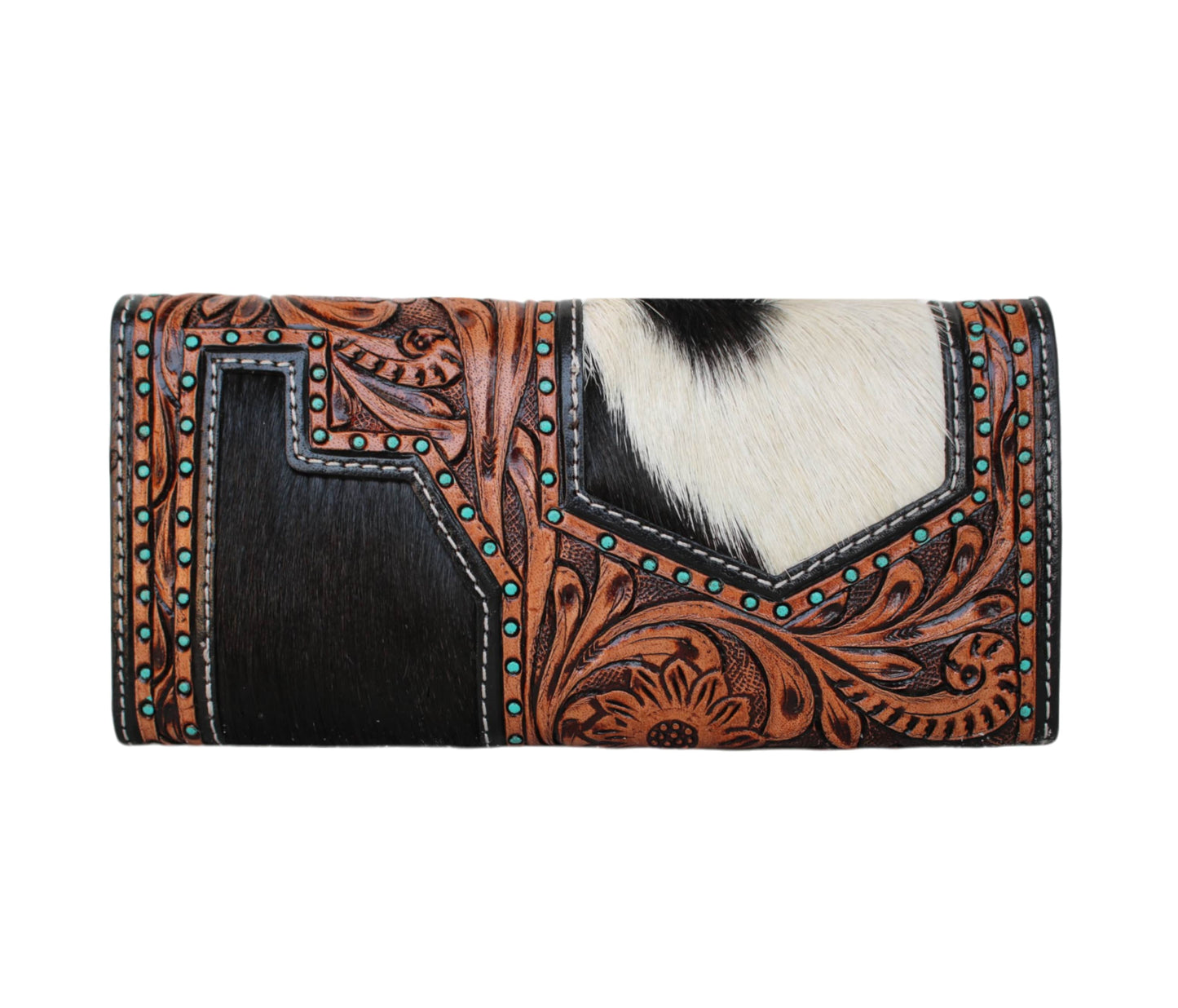 Elevate Your Accessory Collection With This Handcrafted Leather Wallet, Personalized Intricate Tooling And Genuine Cowhide Accents. The Bold Black White Pattern, Turquoise Studs, Rich Brown Floral Carving Make It A Standout Piece. As Seen Our Model, Complements Casual, Office, Or Party Looks. Secure Zip Compartments Ample Card Slots, It’s Stylish, Customized Birthday Gift Graduation For Men Women Who Value Timeless Design.