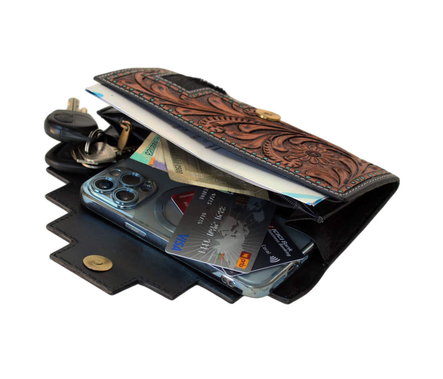 This exquisite personalized handcrafted leather wallet features intricate floral tooling, turquoise-studded detailing, and premium hair-on cowhide with a unique stepped magnetic flap. A stylish gift for men women, it fits smartphones (like iPhone 14 Pro), cards, cash, keys ease. Measuring 8 x 4 1 inches (20 10 2.5 cm), it’s perfect as graduation gift, birthday or chic clutch daily use special occasions.