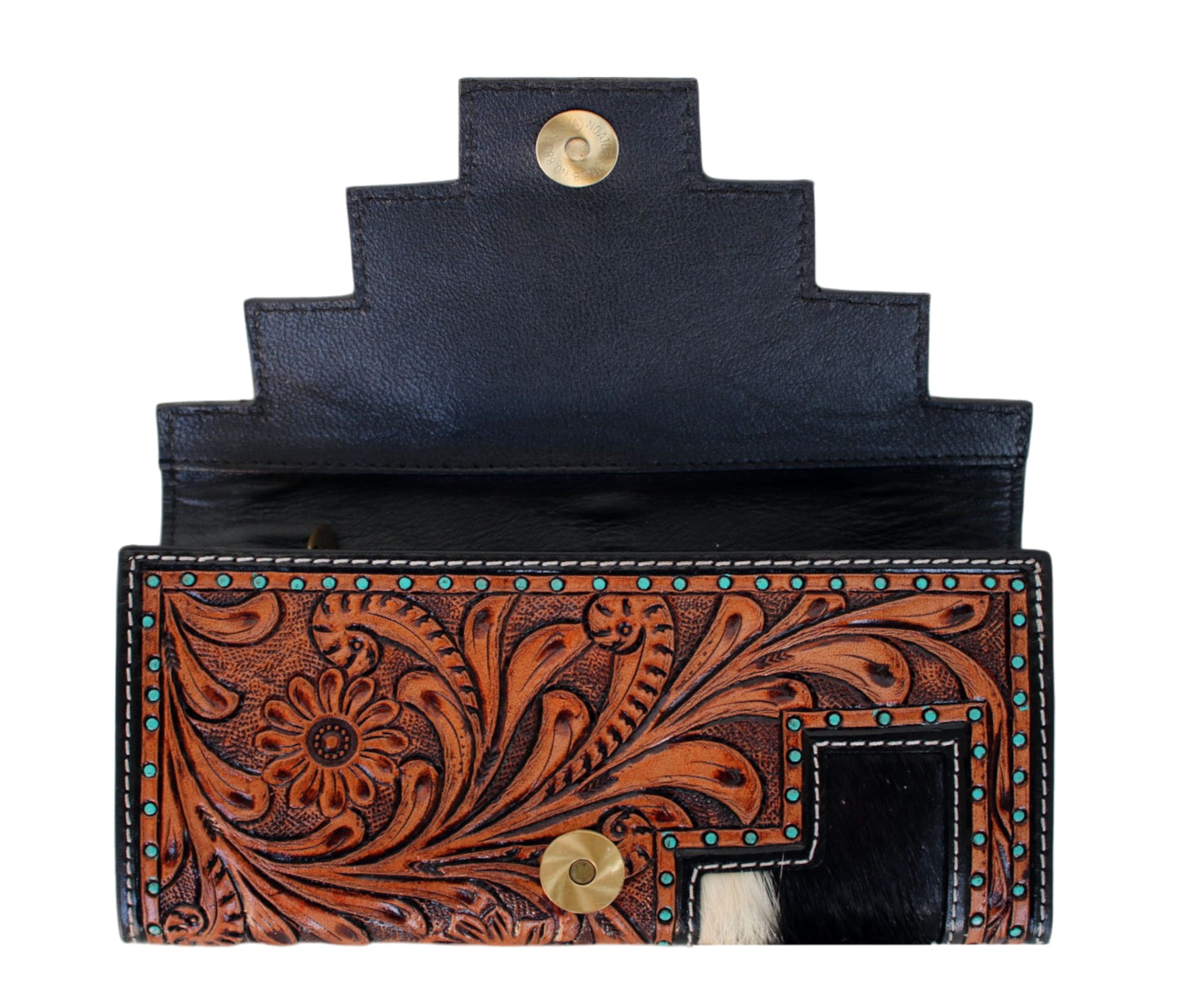 This Handcrafted Leather Wallet, Featuring Exquisite Floral Tooling, Cowhide Accents, And Turquoise-studded Detailing. Measuring 8x4 Inches, It Offers A Spacious Interior With Multiple Card Slots Zippered Compartments. Personalized, Customized Gift For Men Women, It’s Perfect Birthdays, Graduations, Or Everyday Elegance. The Secure Magnetic Flap Keeps Essentials Protected, Making Thoughtful Graduation Gift, Birthday Standout Accessory Any Occasion.