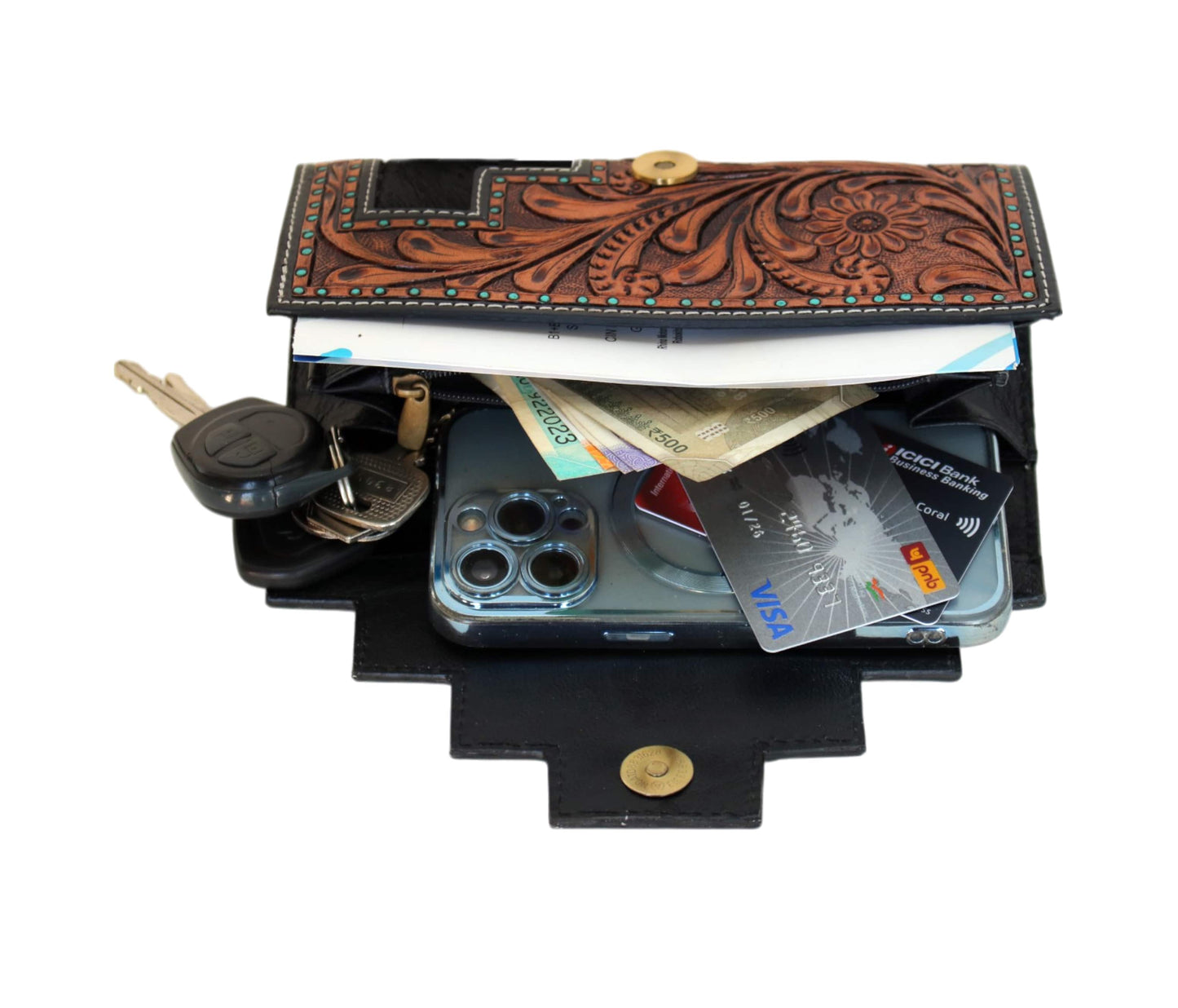 Personalized Handcrafted Leather Wallet, Featuring Intricate Floral Tooling, Turquoise Studs, And Genuine Cowhide Hair-on-hide Detailing. Measuring 8" X 4" 1", It Holds Smartphones, Cards, Cash, Keys With Ease. A Customized Gift For Men Women, Makes Thoughtful Birthday Gift, Graduation Or Timeless Keepsake. This Unique Wallet Also Doubles As Stylish, Western-inspired Clutch.