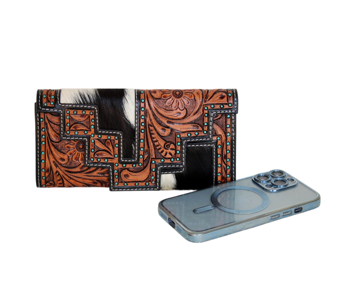 Elevate Your Style With This Personalized Handcrafted Leather Wallet, Featuring Intricate Floral Tooling, Turquoise Studs, And Genuine Cowhide Hair-on Accents. Measuring 8" X 4" 1", It Offers Spacious Compartments For Cards, Cash, Essentials. The Unique Stepped Flap Magnetic Snap Ensures Secure Closure. Customized Wallet Makes A Thoughtful Gift Men Women, Perfect As Graduation Gift, Birthday Or Timeless Keepsake Anyone Who Values Craftsmanship Style.