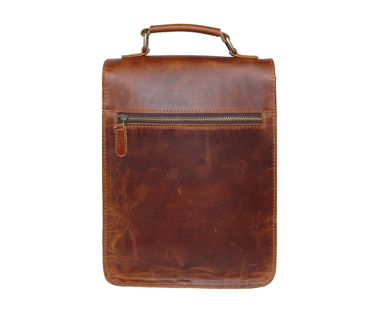 This Rear View Of The Vintage Leather Crossbody Bag Showcases Its Sleek Minimalist Design And A Secure Ykk Metal Zipper Pocket, Ideal For Storing Valuables Like Wallets, Passports, Or Keys. Made From 100% Genuine Buffalo Leather, This Handmade Messenger Bag Is Both Stylish And Functional. The Smooth Rustic Brown Finish And Reinforced Top Handle Make It Versatile For Both Men And Women. Whether You’re Commuting, Traveling Or Heading To Work, This Leather Satchel Offers The Perfect Blend Of Utility And Time