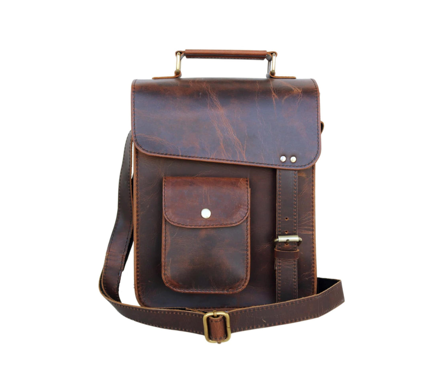 This Dark Brown Leather Satchel Combines Classic Craftsmanship With Modern Utility. Handcrafted From Genuine Buffalo Leather, It Features A Structured Design, Adjustable Strap, Top Handle, And Quick-access Front Pocket. Ideal For Both Men Women, Securely Holds Tablets, Journals, Essentials. Its Rugged Vintage Finish Durable Hardware, Piece Makes Perfect Personalized Birthday Gift, Graduation Or Customized Everyday Bag Work, Travel, College Use.
