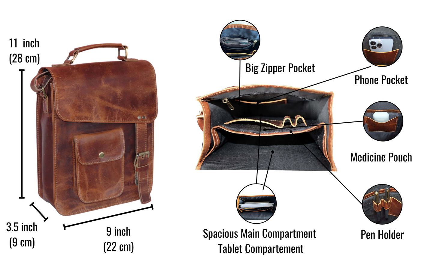 This Compact Yet Highly Functional Leather Messenger Bag Offers Excellent Organization With A Spacious Main Compartment, Tablet Sleeve, Phone Pocket, Pen Holder, And Medicine Pouch. Measuring 11" X 9" 3.5", It’s Perfect For Daily Use, Work, Or Travel. Crafted From Full-grain Buffalo Leather, It Combines Rugged Durability Vintage Charm. Versatile Crossbody Men, Students, Professionals—ideal As Birthday, Graduation, Personalized Gift Timeless Everyday Style.