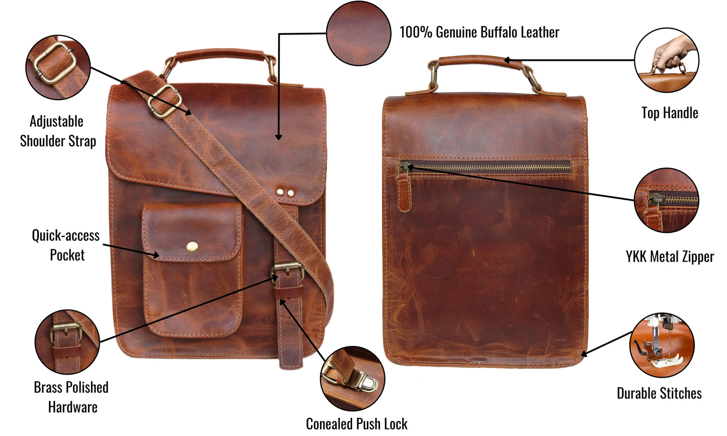 Crafted From 100% Genuine Buffalo Leather, This Handmade Vintage Messenger Bag Combines Rugged Elegance With Everyday Functionality. Featuring An Adjustable Shoulder Strap, Strong Top Handle, Brass-polished Hardware, And Concealed Push Lock, It Offers Both Style Durability. A Quick-access Front Pocket Rear Ykk Zipper, Ensures Secure Storage. Perfect Leather Crossbody, Office, Or Satchel For Men Women—makes Thoughtful Personalized Customized Birthday Gift Graduation Him Her.