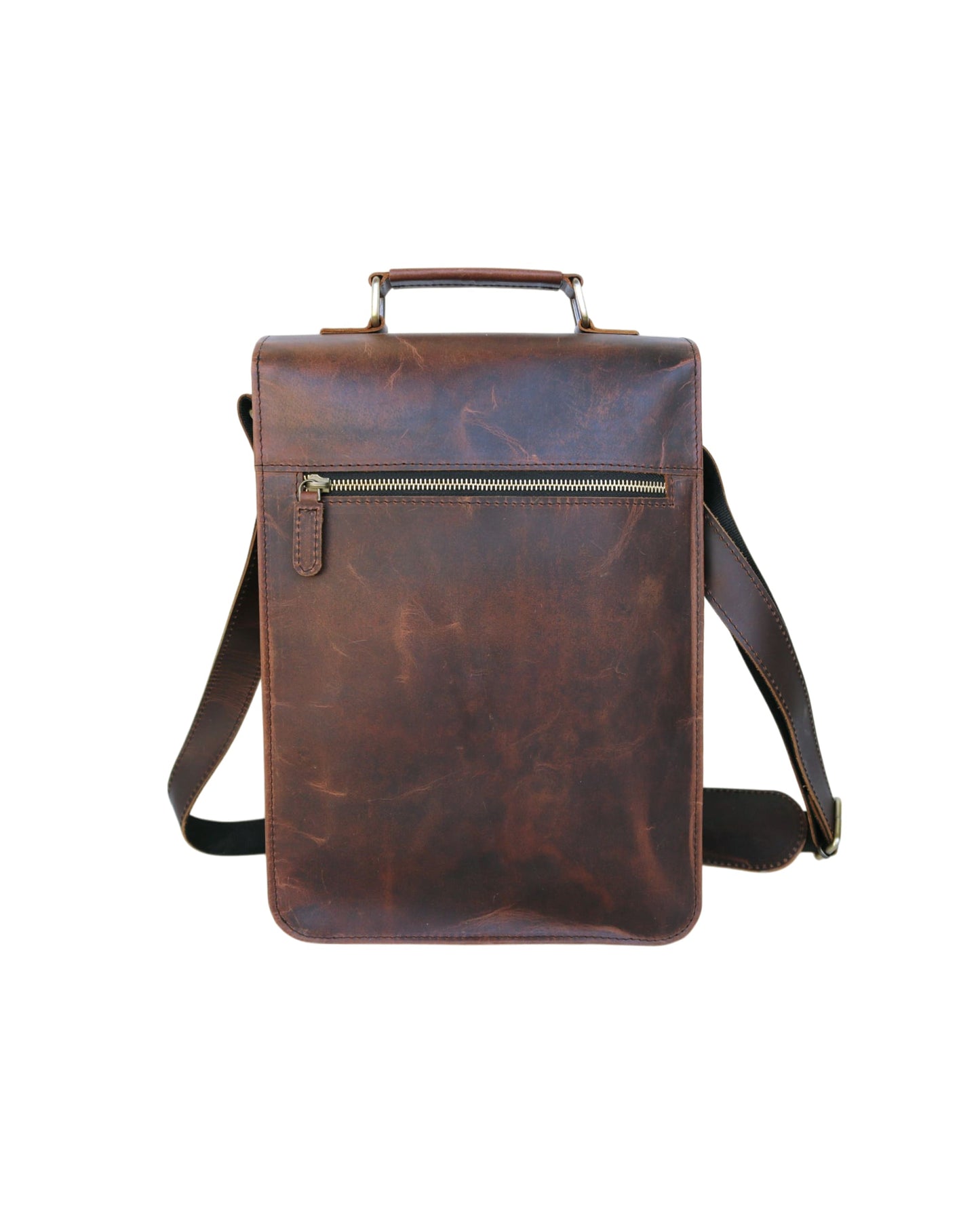 This Image Shows The Back View Of A Sophisticated Leather Crossbody Bag, Crafted From Rich Brown Buffalo With Naturally Distressed Finish That Enhances Its Vintage Appeal. Design Includes Sturdy Top Handle And Broad, Adjustable Shoulder Strap For Versatile Carrying Options. Standout Feature Is Ykk Metal Zipper, Revealing Convenient Pocket Ideal Quick-access Items Like Travel Documents Or Your Phone. Maintaining Slim Profile, It Offers Practical Functionality—a Perfect Personalized Customized Gift Men Women