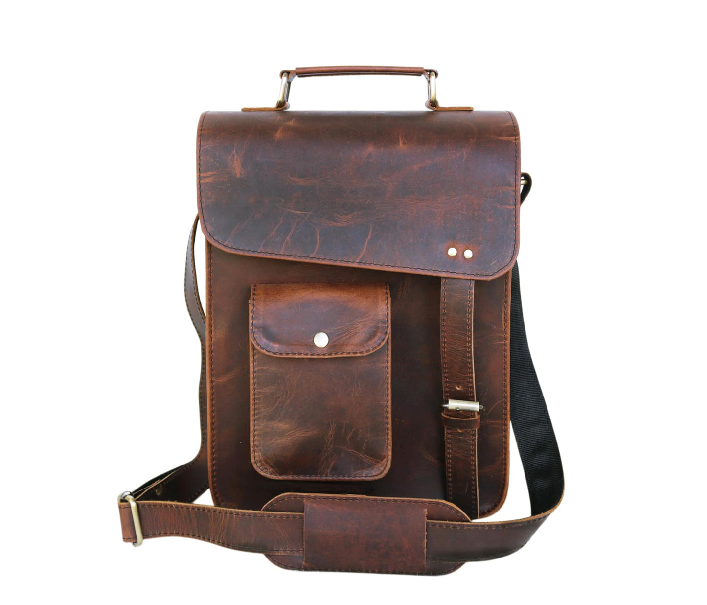 This Image Showcases A Sophisticated Handcrafted Leather Crossbody Bag Made From 100% Genuine Buffalo In Rich Dark Brown Finish. The Natural Texture Variations Lend Rustic Yet Refined Look. It Features Prominent Flap With Concealed Push-lock For Added Security And Quick-access Front Pocket Snap-button Closure Convenience. Padded, Adjustable Shoulder Strap Sturdy Webbing Ensures Comfortable Carrying. Perfect Personalized Customized Gift Men Women—ideal As Birthday Or Graduation Gift